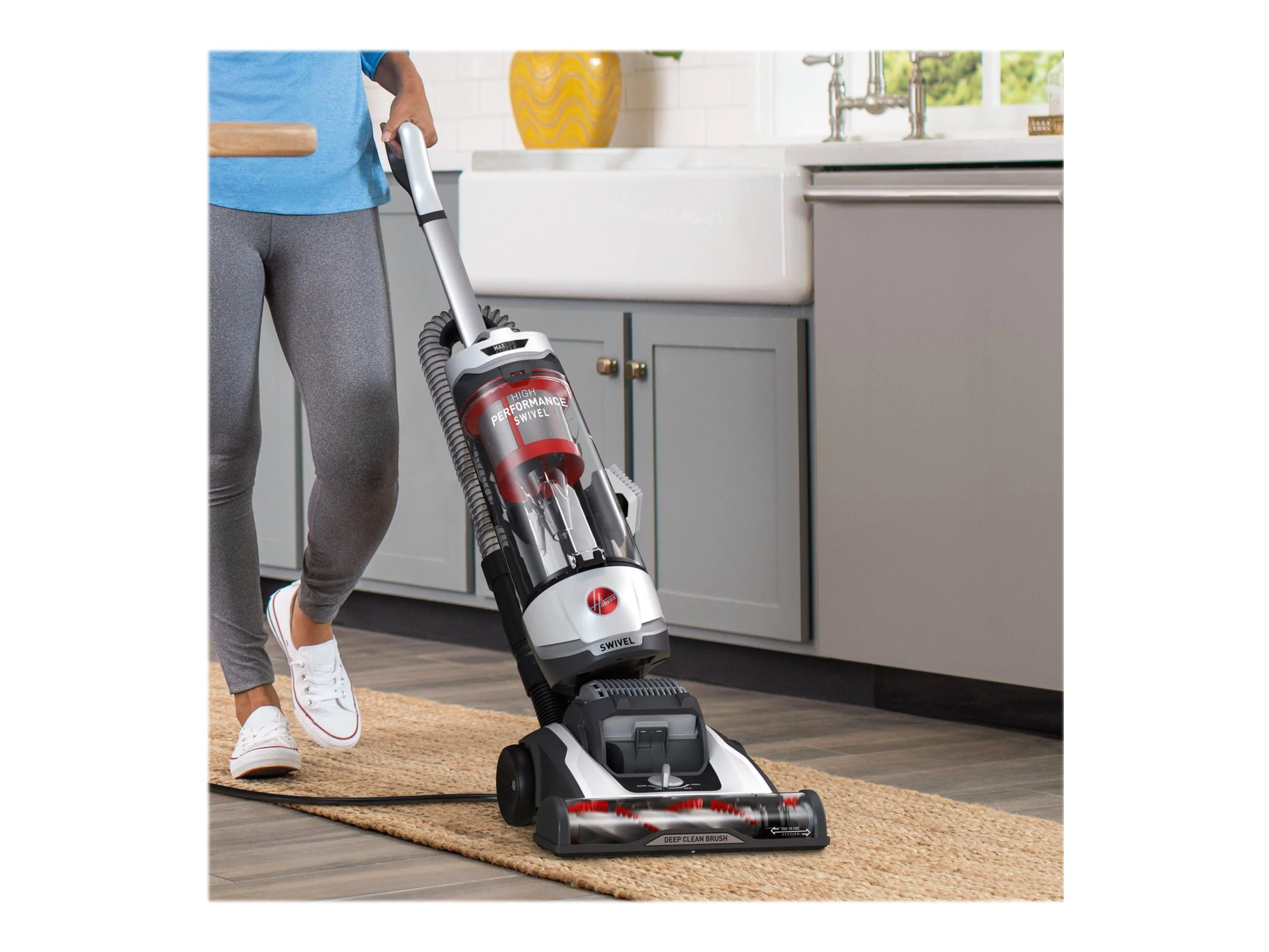 Hoover Bagless Upright Vacuum, High Performance, Pet Friendly, Swivel Design, with Dusting Brush, Extension Wand, HEPA Filter, Crevice & Upholstery Tool, 110 V Red/Grey