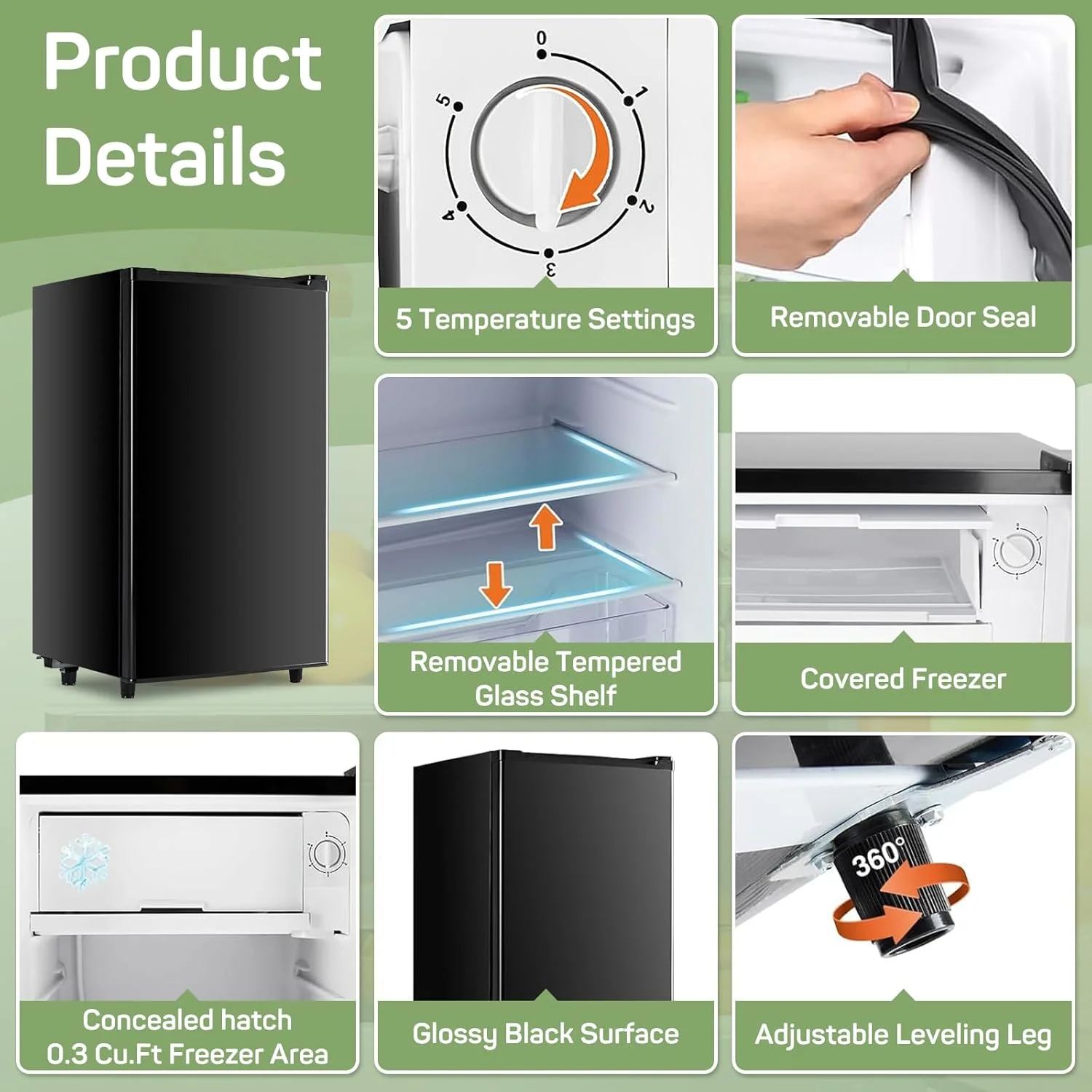 Mini Fridge for Bedroom 3.2 Cu.Ft Small Refrigerator with Freezer for Dorm Office, Compact Single Door Adjustable Thermostat Low Noise,Black - Image 7