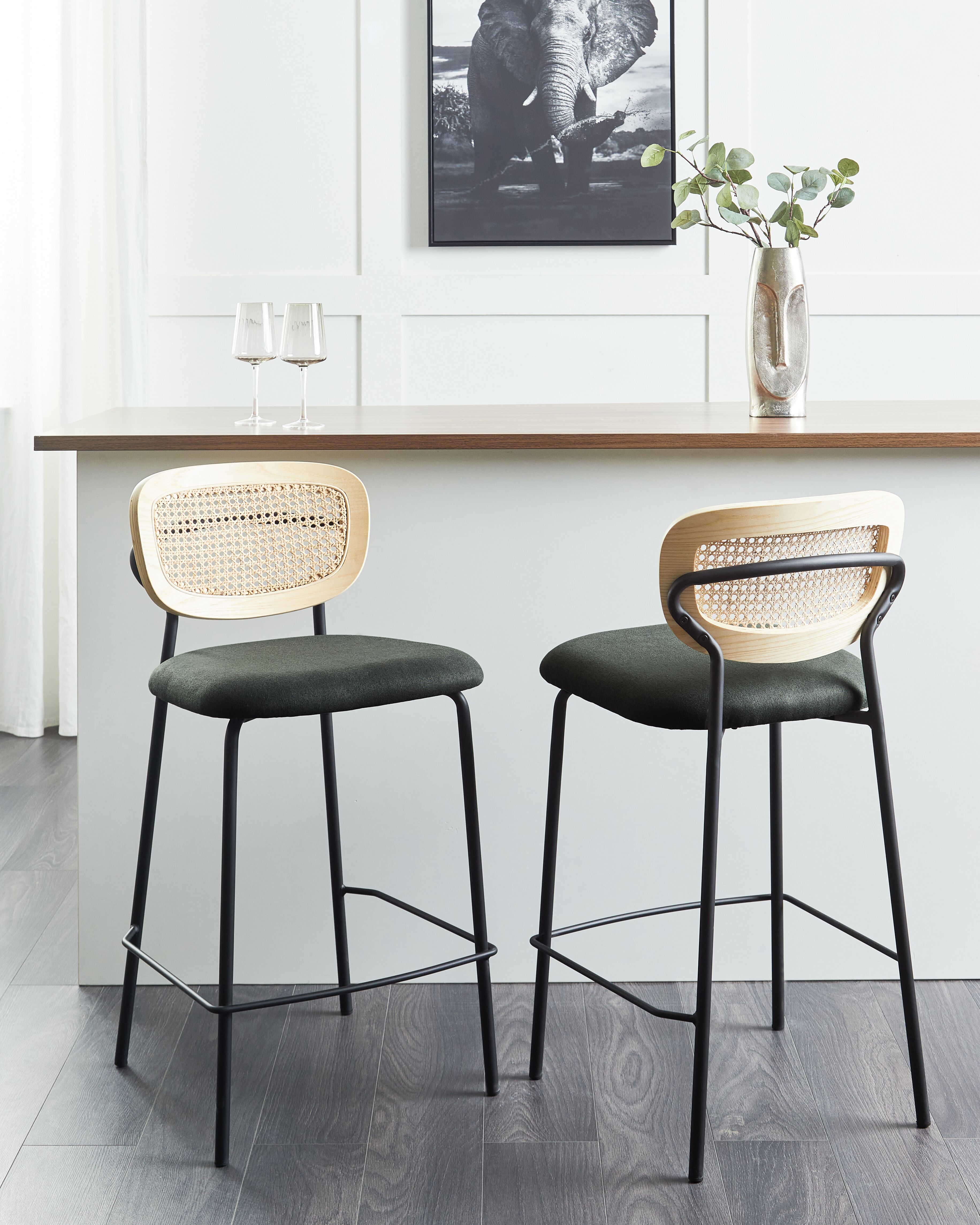 Set of 2 Bar Chairs MAYETTA Rattan Dark Green