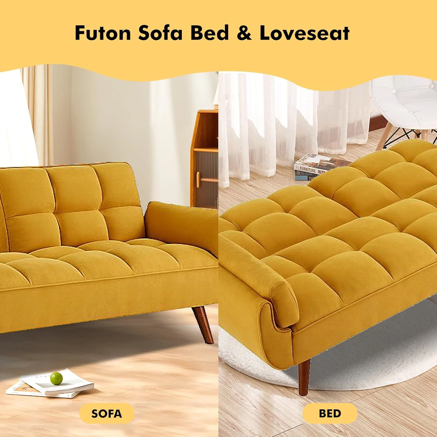 Mydepot Convertible Futon Sofa Bed, Adjustable Couch Sleeper Modern Fabric Recliner Reversible Loveseat Folding Daybed Guest Bed, Armrests, Yellow