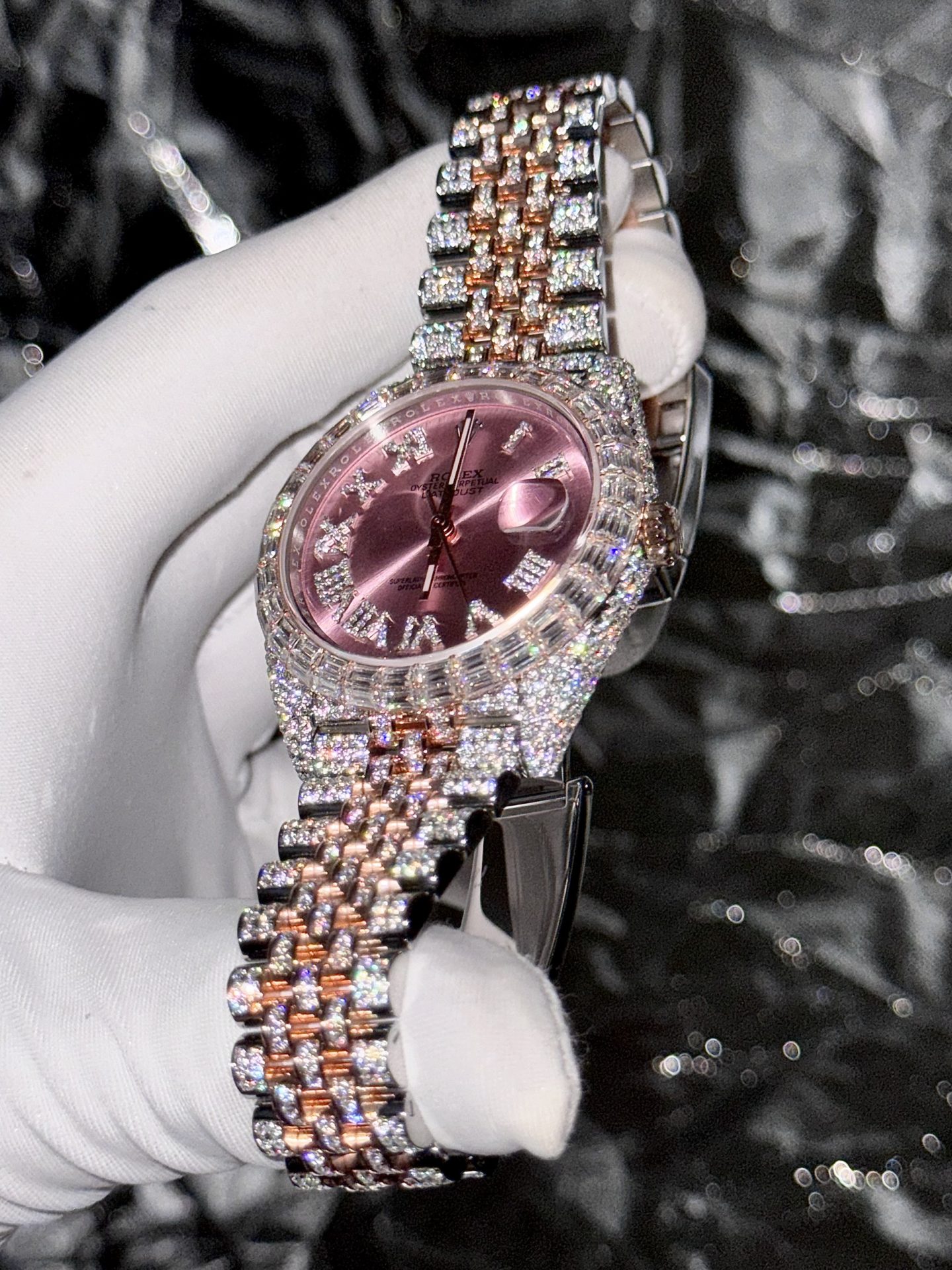 Rolex Replica Watch DateJust With Full Moissanite Diamond Pink Dial 41mm - Elite Watch Atelier