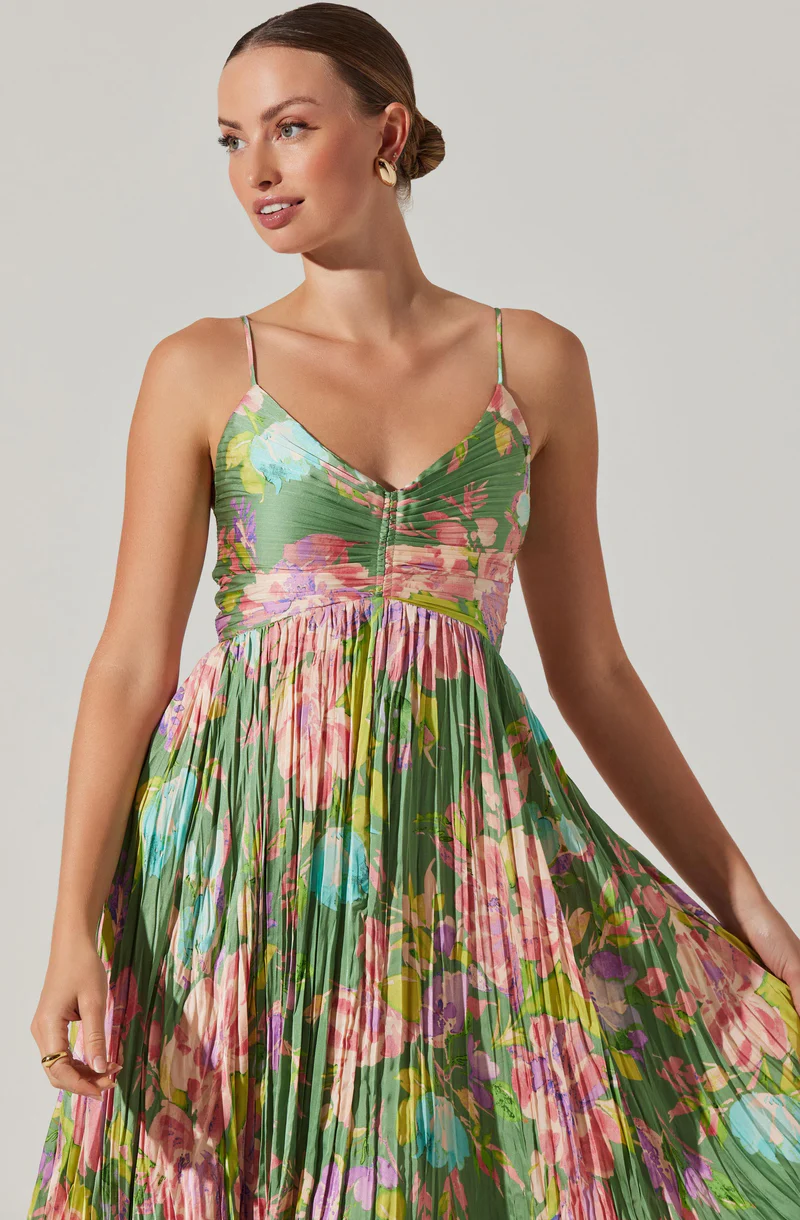 Maeve Pleated Midi Dress - Green pink floral
