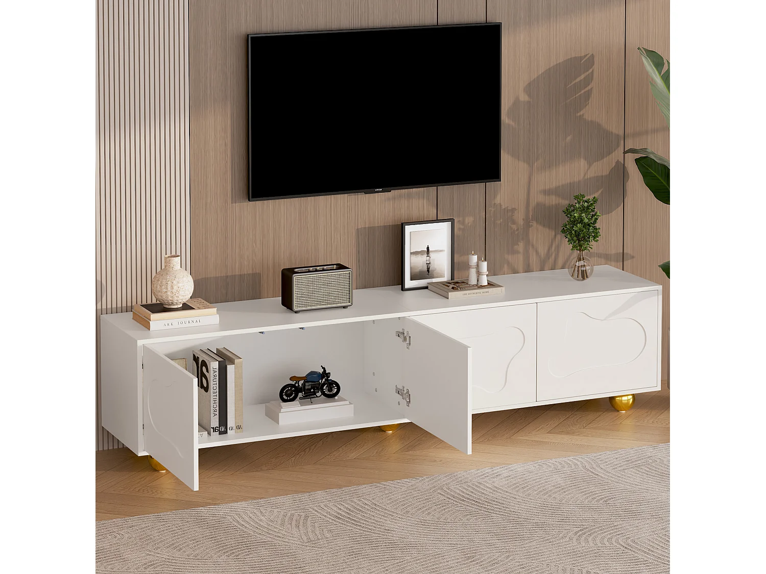 Meuble TV blanc de 180 cm avec 4 portes à motifs nuages ​​et 5 pieds dorés - pour salon