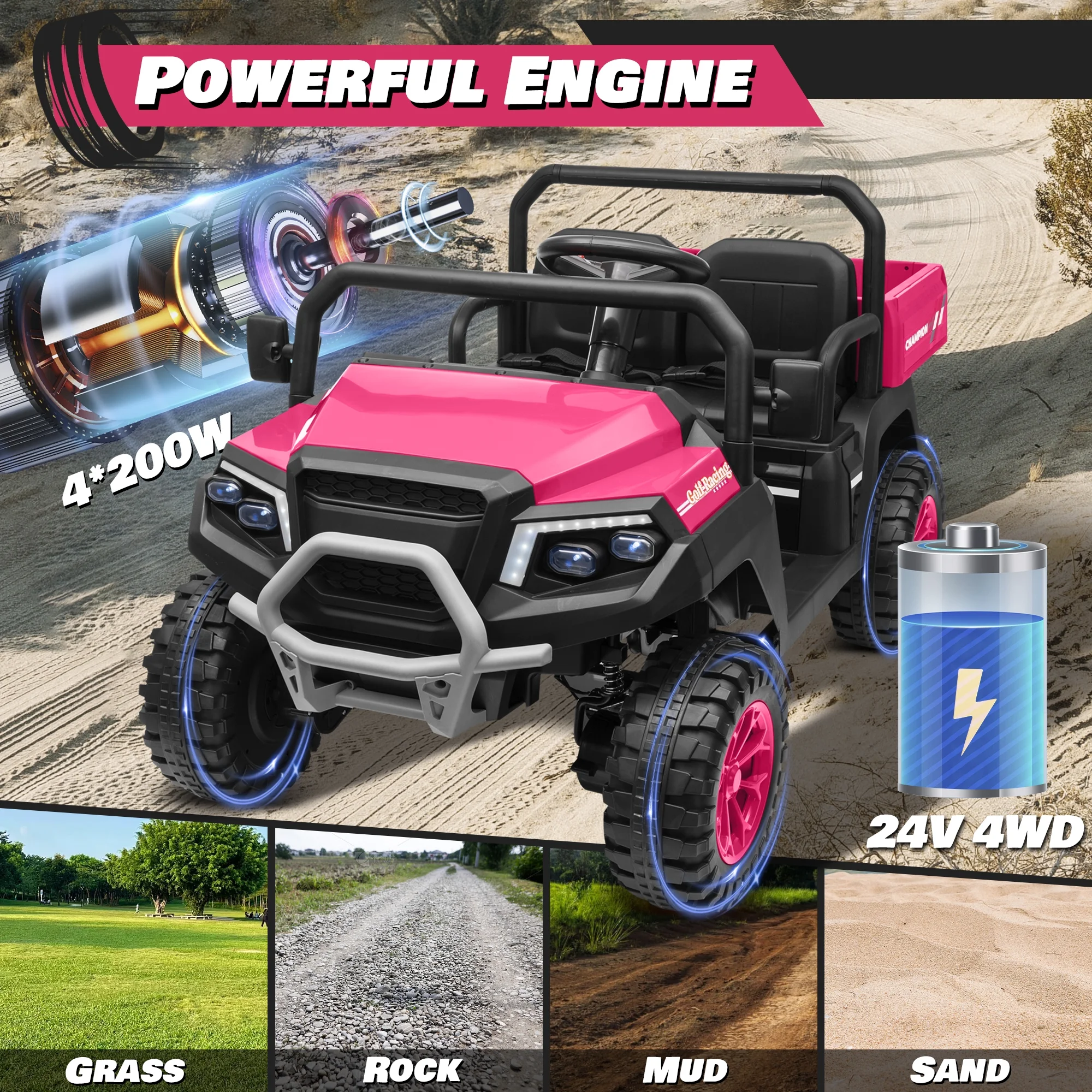 Joyracer 4WD 24 Volt Ride on Toys UTV with 2 Seater & Remote Control, Kids Electric Golf Cart w/ 4x200W Power Motors, Tiltable Trailer & Shovel, 4 Wheels Spring Suspension, Bluetooth USB Music, Black - Image 20