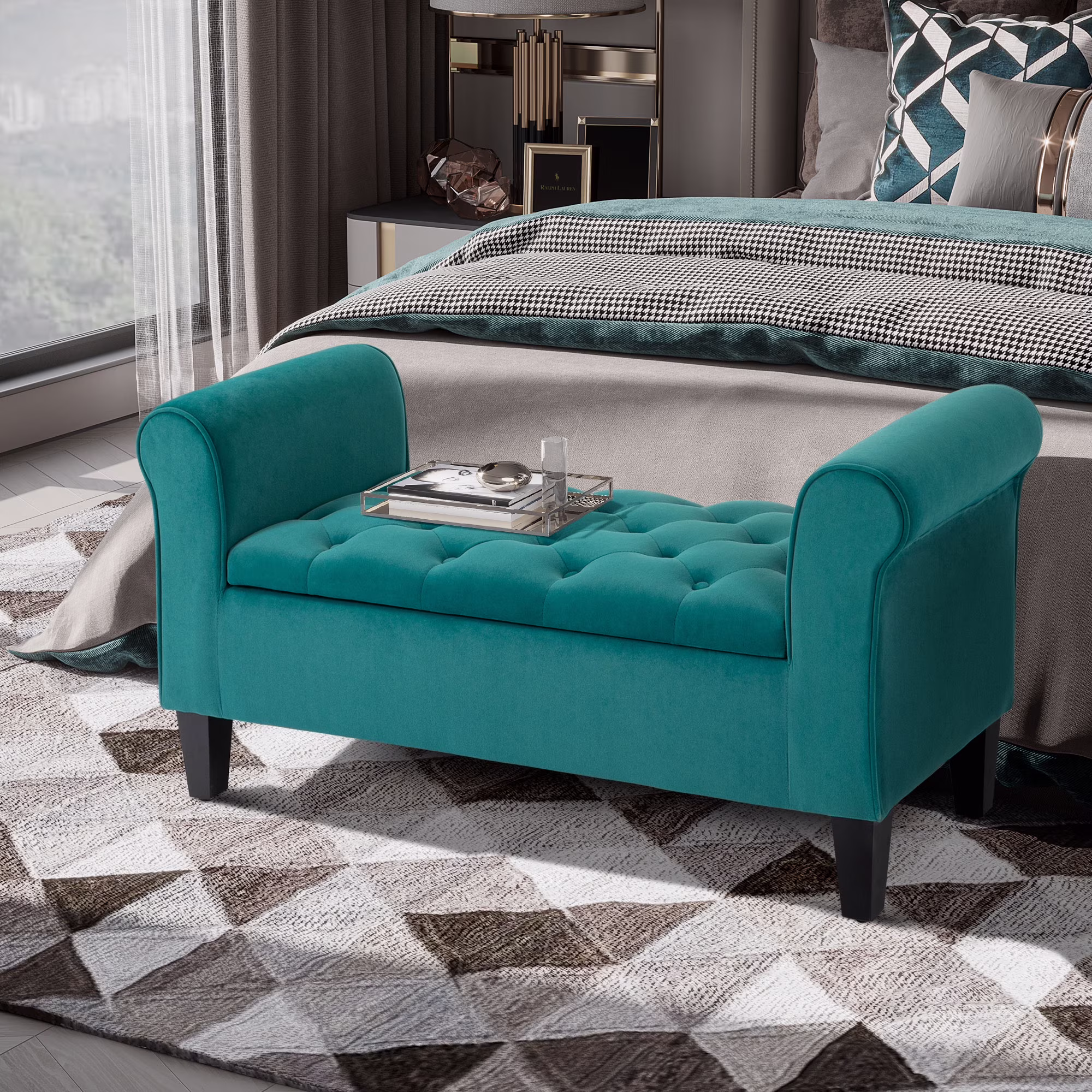 HOMCOM Button-Tufted Storage Ottoman Bench, Upholstered Bench with Rolled Armrests for Living Room or Hallway, Blue - Image 3