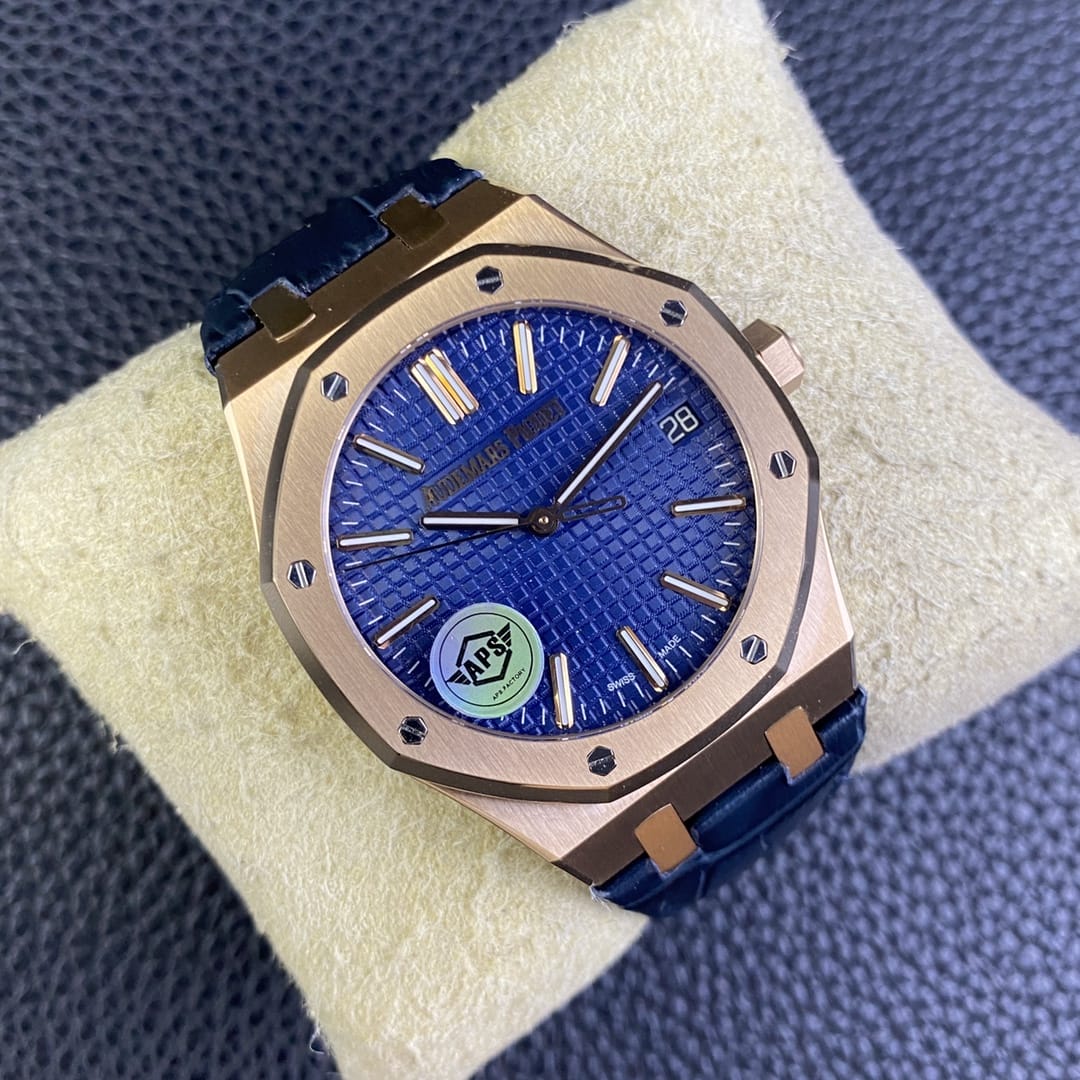 Audemars Piguet Replica AP Watch Royal Oak Selfwinding ��50th Anniversary�� 41mm Rose Gold Blue Dial Leather Strap 15510OR.OO.D315CR.01-APS(1:1 replica) - Top club