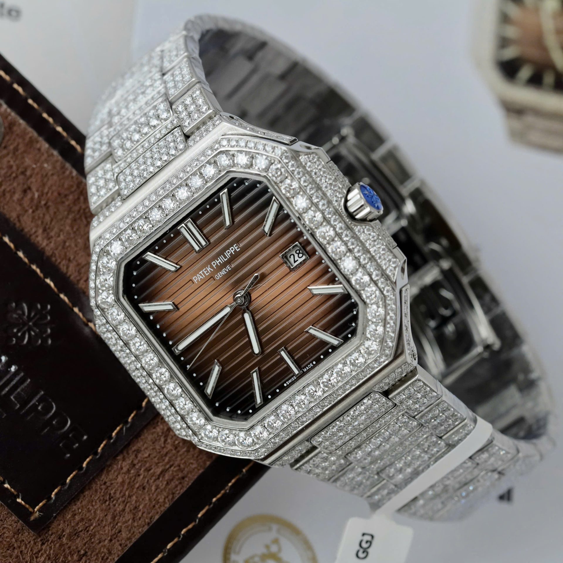 Patek Philippe Cubitus 5821 Dial Brown Replica Watch Full Diamonds Moissanite Hong Kong 45mm - Top club