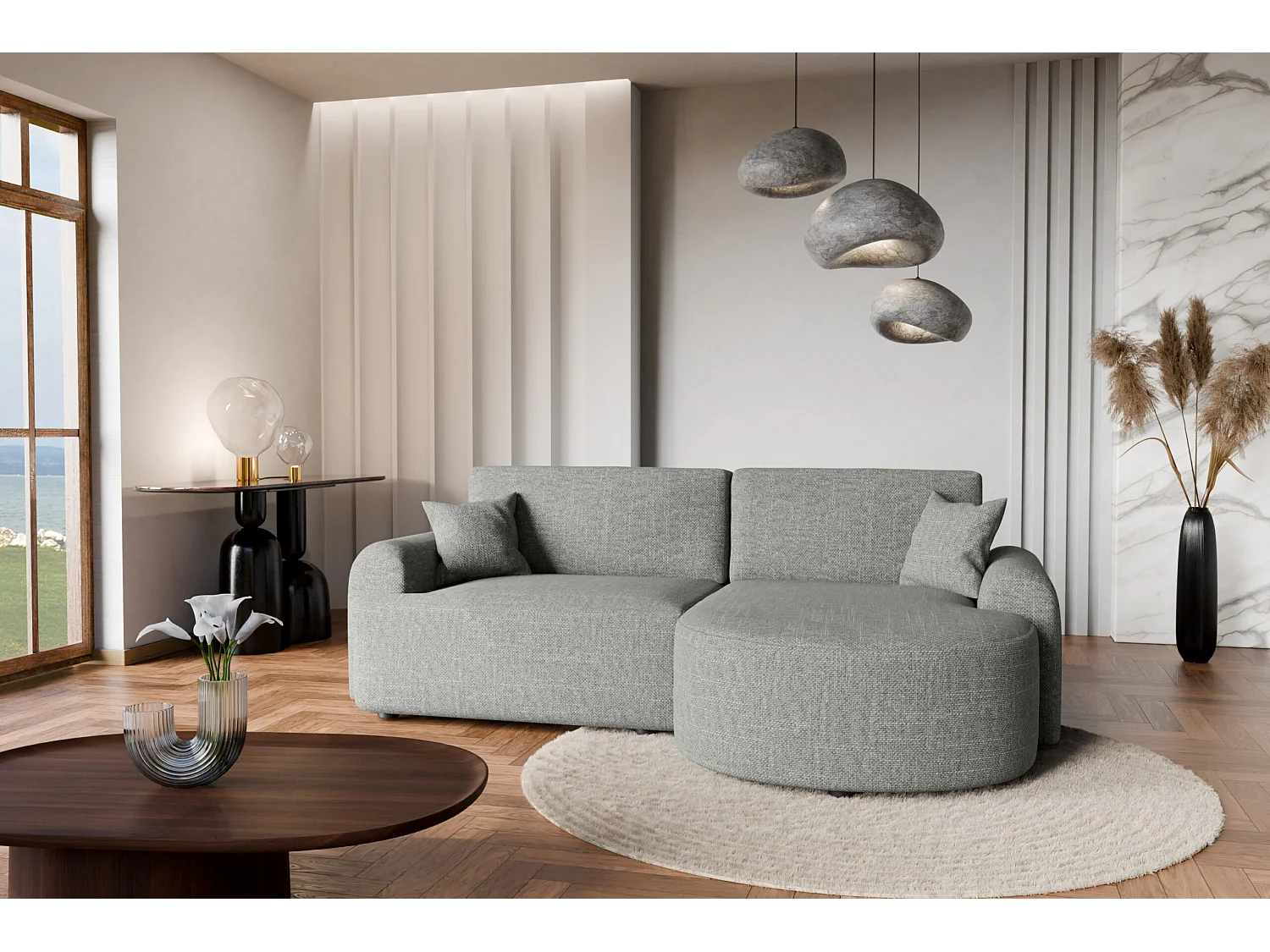 Canapé d’angle droit en tissu tressé gris résistant à l’usure, avec fonction couchage – ARTE PREMIUM