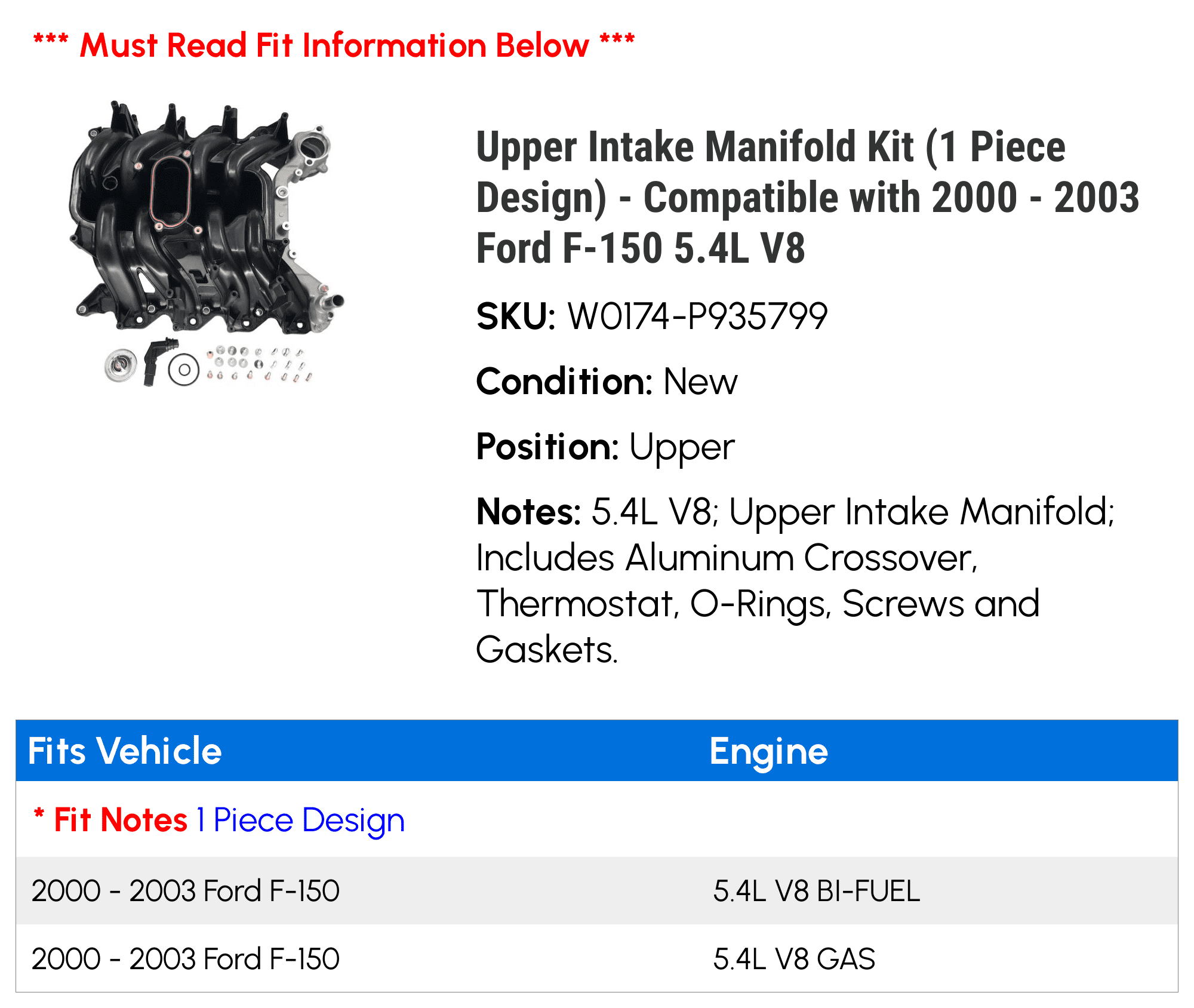 Upper Intake Manifold Kit (1 Piece Design) - Compatible with 2000 - 2003 Ford F-150 5.4L V8 2001 2002
