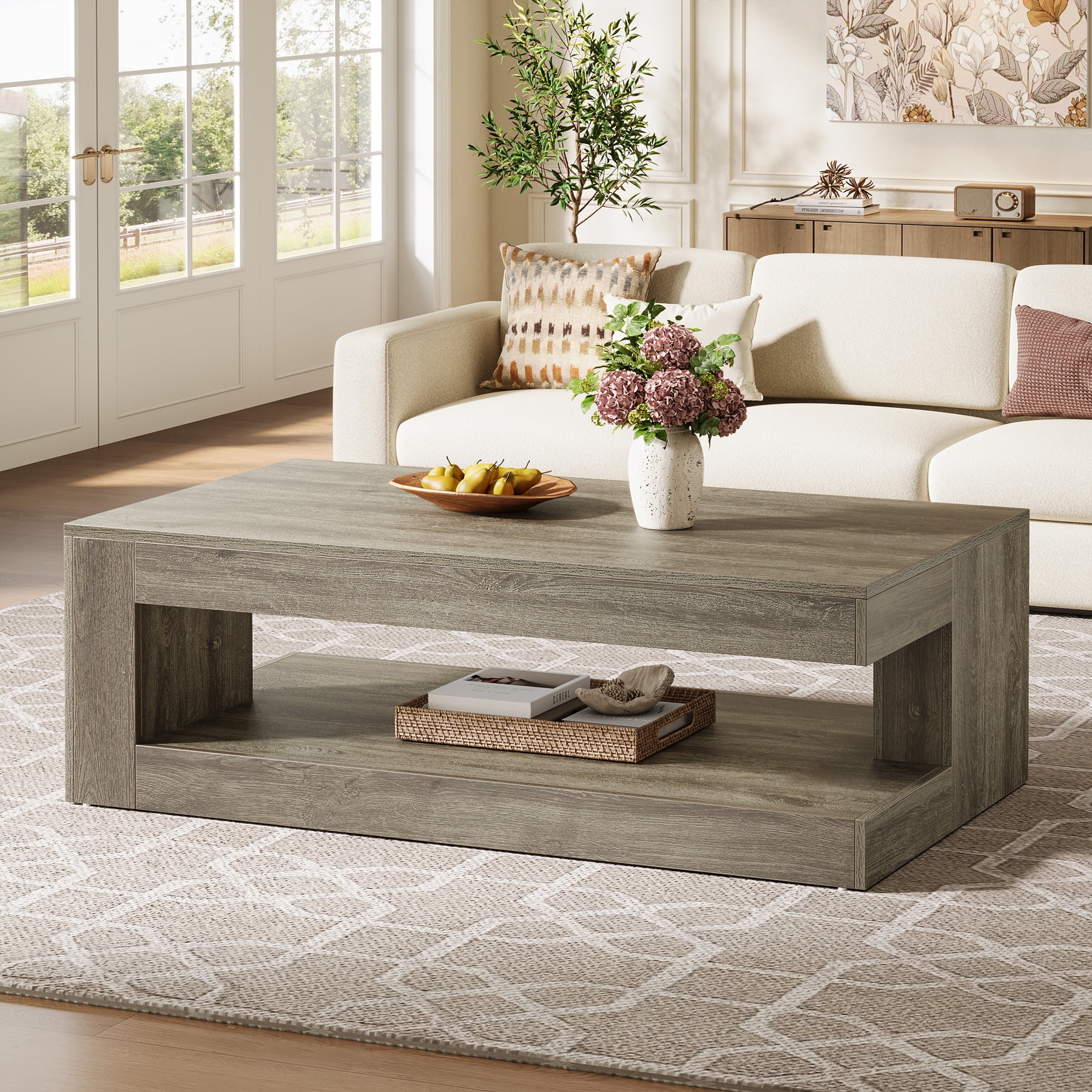Tribesigns Coffee Table for Living Room, 47.24-Inch Farmhouse 2-Tier Accent Center Tea Cocktail Table with Storage, Elegant Grey, Rectangular - Image 5