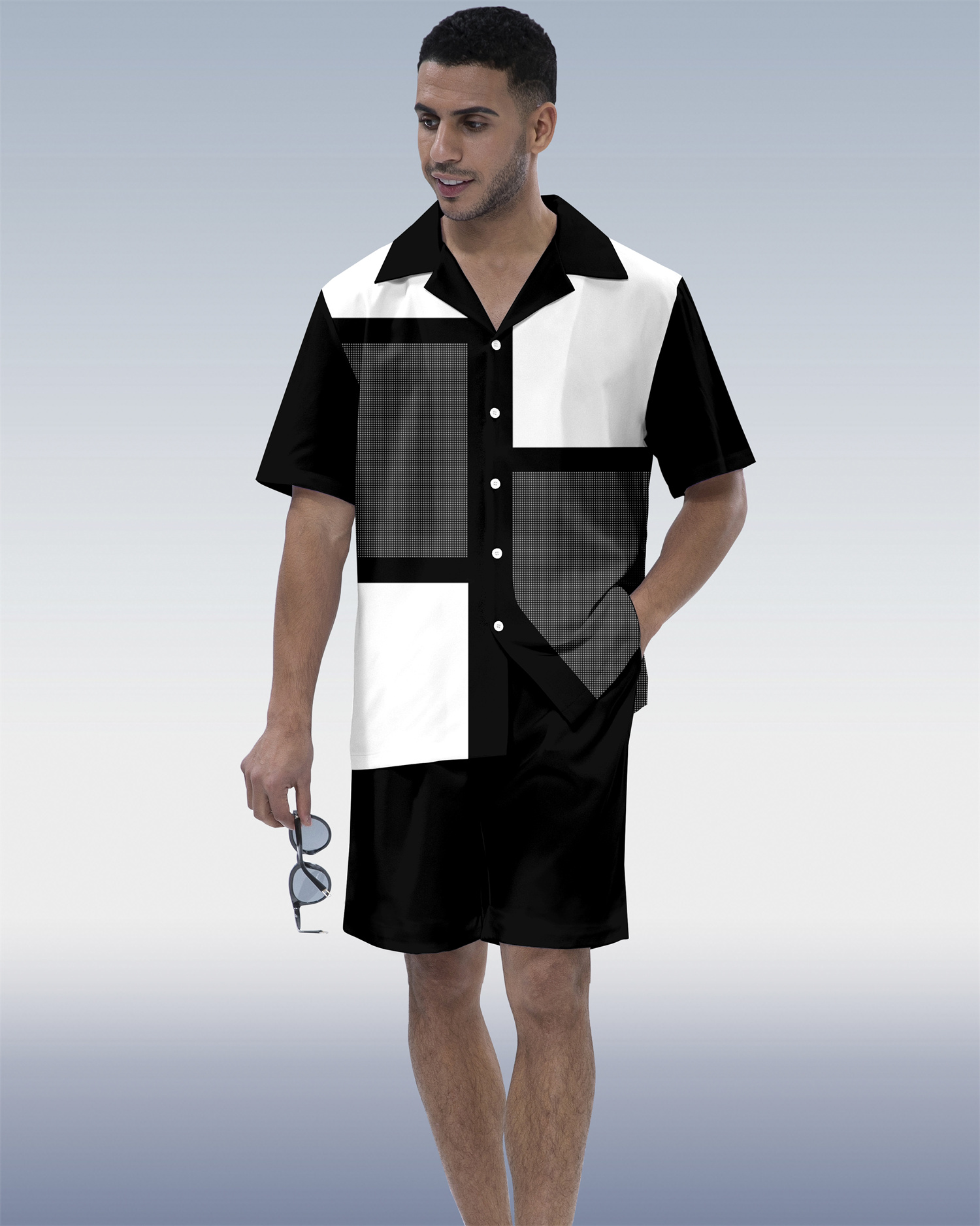 Suitmens Men's Hawaiian Vacation Plaid Print Short Sleeve Set 118