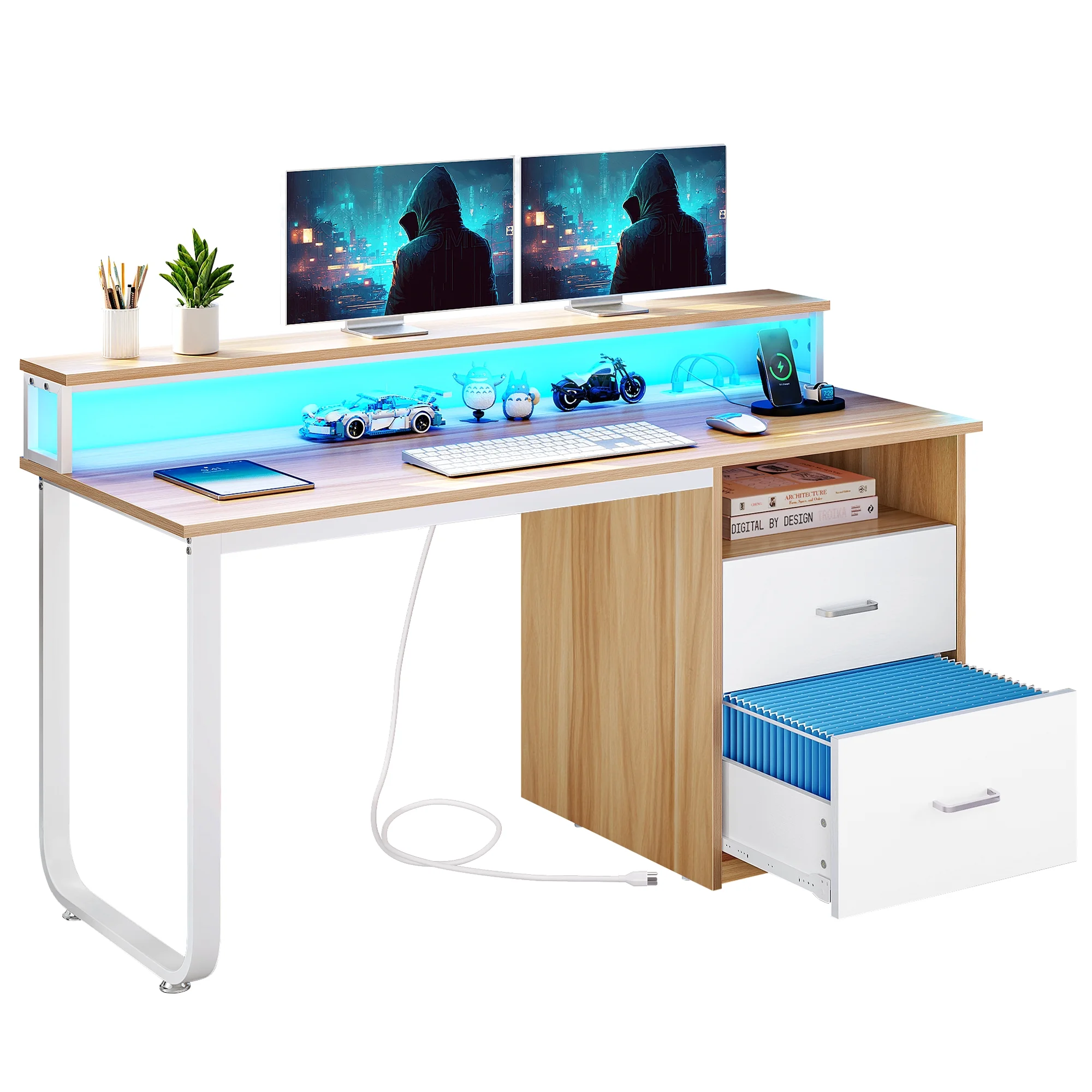 Dextrus 47 inch Computer Desk with Storage Drawers & LED Light, Office Desk with Monitor Stand & Power Outlets, Work Study PC Desk for Small Spaces, Home Office, Oak - Image 24