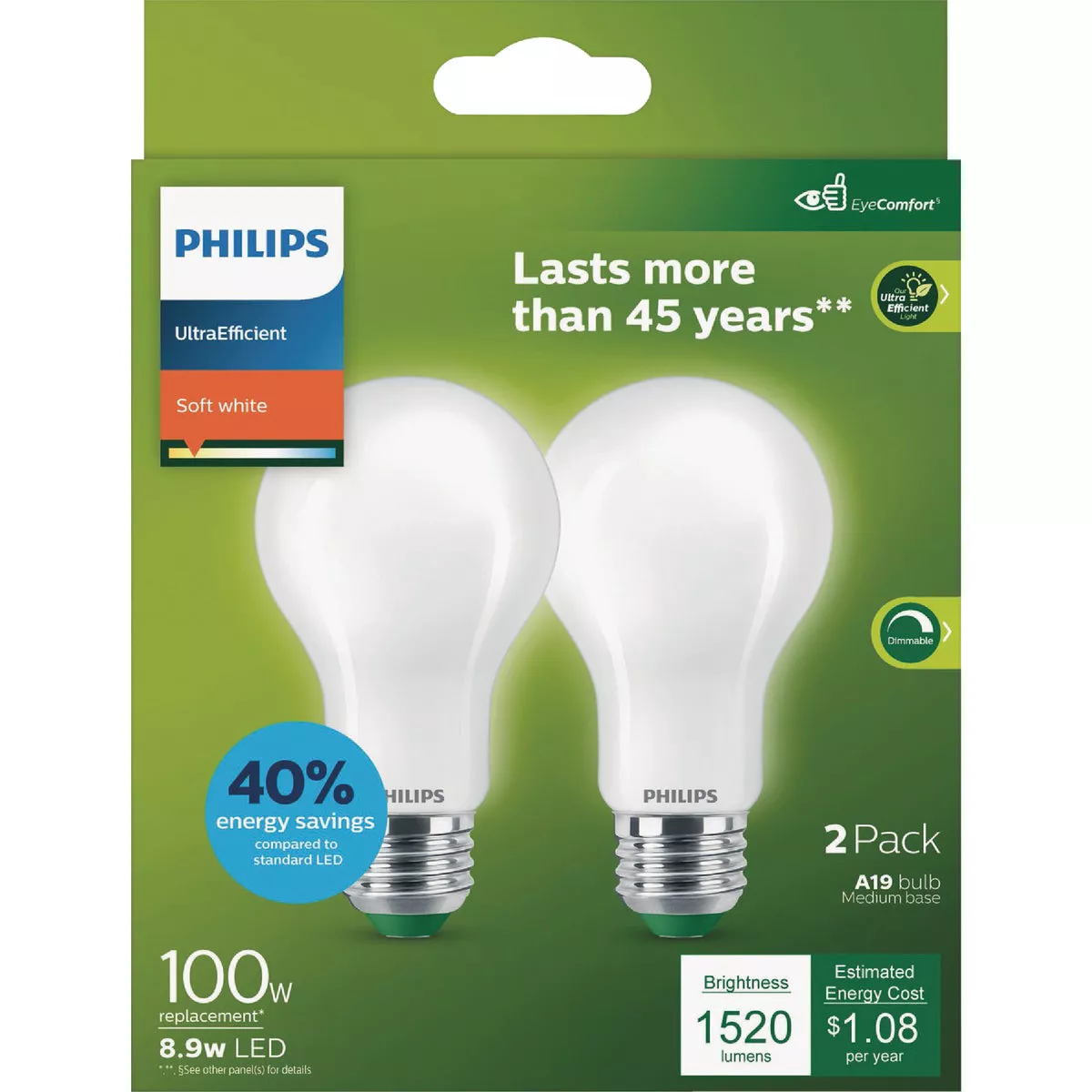 Philips Ultra Efficient 100W Equivalent Soft White Frosted A19 LED Bulb (2-Pack)