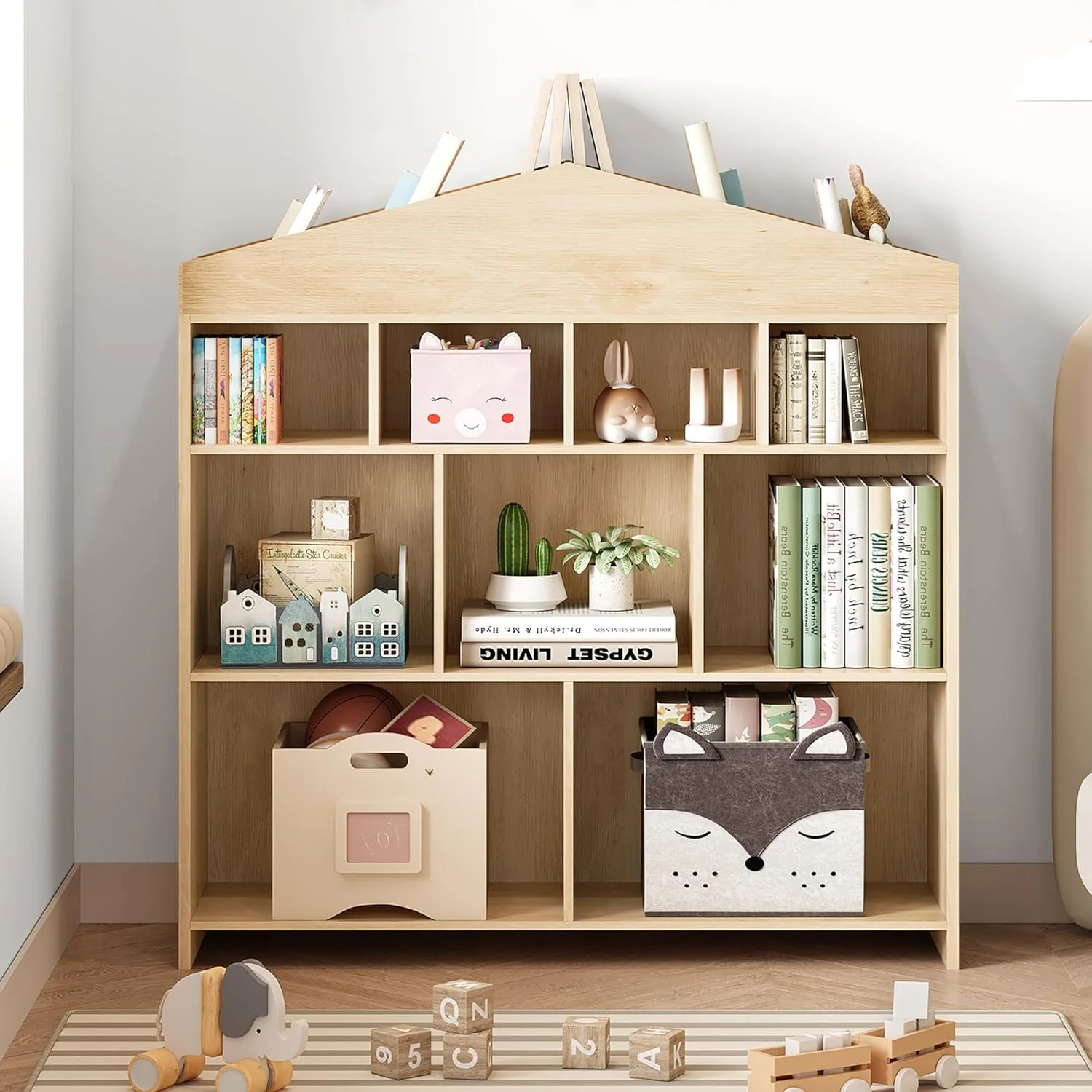 DSstyles Kids Bookshelf 9-Cubby Toy Storage Organizer White Bookcase Toddlers Playhouse Cabinet Shelf for Boys Girls Wooden Storage Toy Shelf for Playroom, Nursery, Kids Room - Image 19
