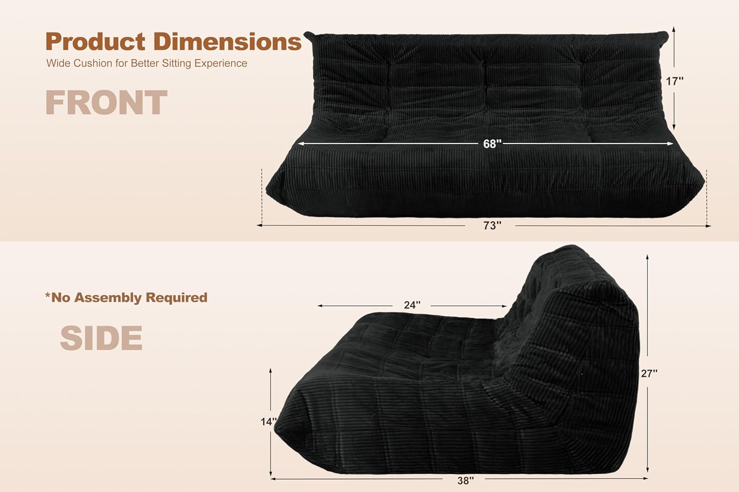 Bean Bag Chair,Giant Beanbag Chairs for Adults,Comfy Large Fireside Chair Lazy Sofa,Corduroy Bean Bag Lounger with Memory Foam Filled,Floor Sofa Couch for Home,Living Room (Black, 3-Seater)