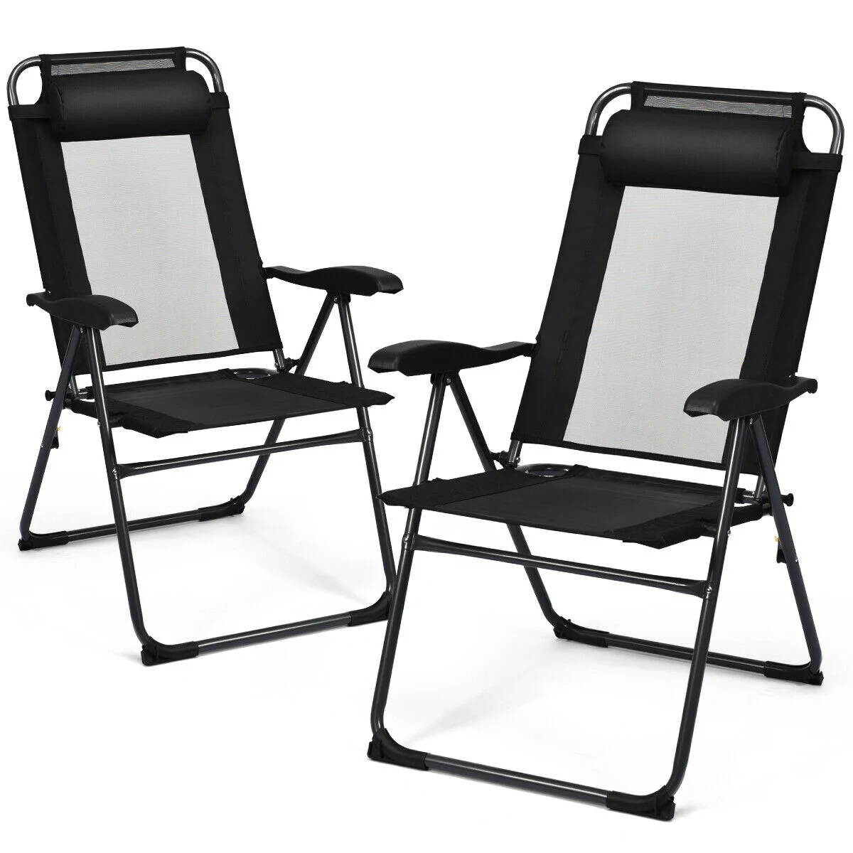 Gymax 2PC Folding Chairs Adjustable Reclining Chairs with Headrest Patio Garden Black