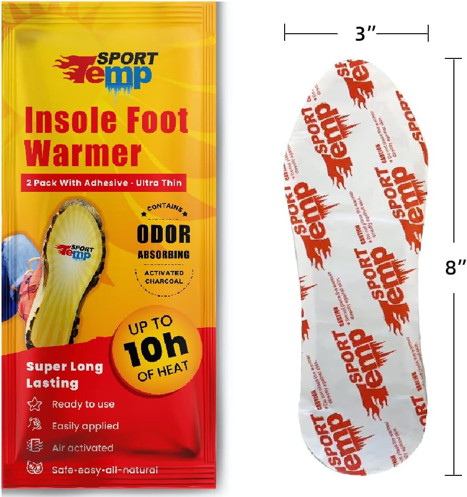Insole Foot Warmers - Up to 10 Hours of Heat, Easily Apply with Adhesive - Ultra Thin, Easy, All Natural - Air Activated, Odorless Hot Insole Warmers - Sport Temp