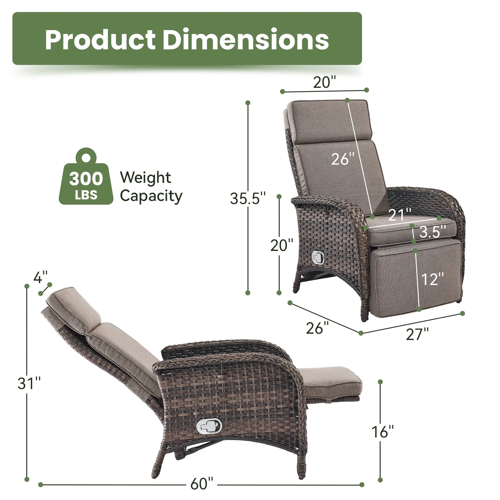 OPOHORO Outdoor Recliner Chair, Adjustable Reclining Patio Chair with Cushion, Wicker Outdoor Chaise Lounge with Adjustable Backrest and Footrest, Ideal for Pool Deck, Beige - Image 22