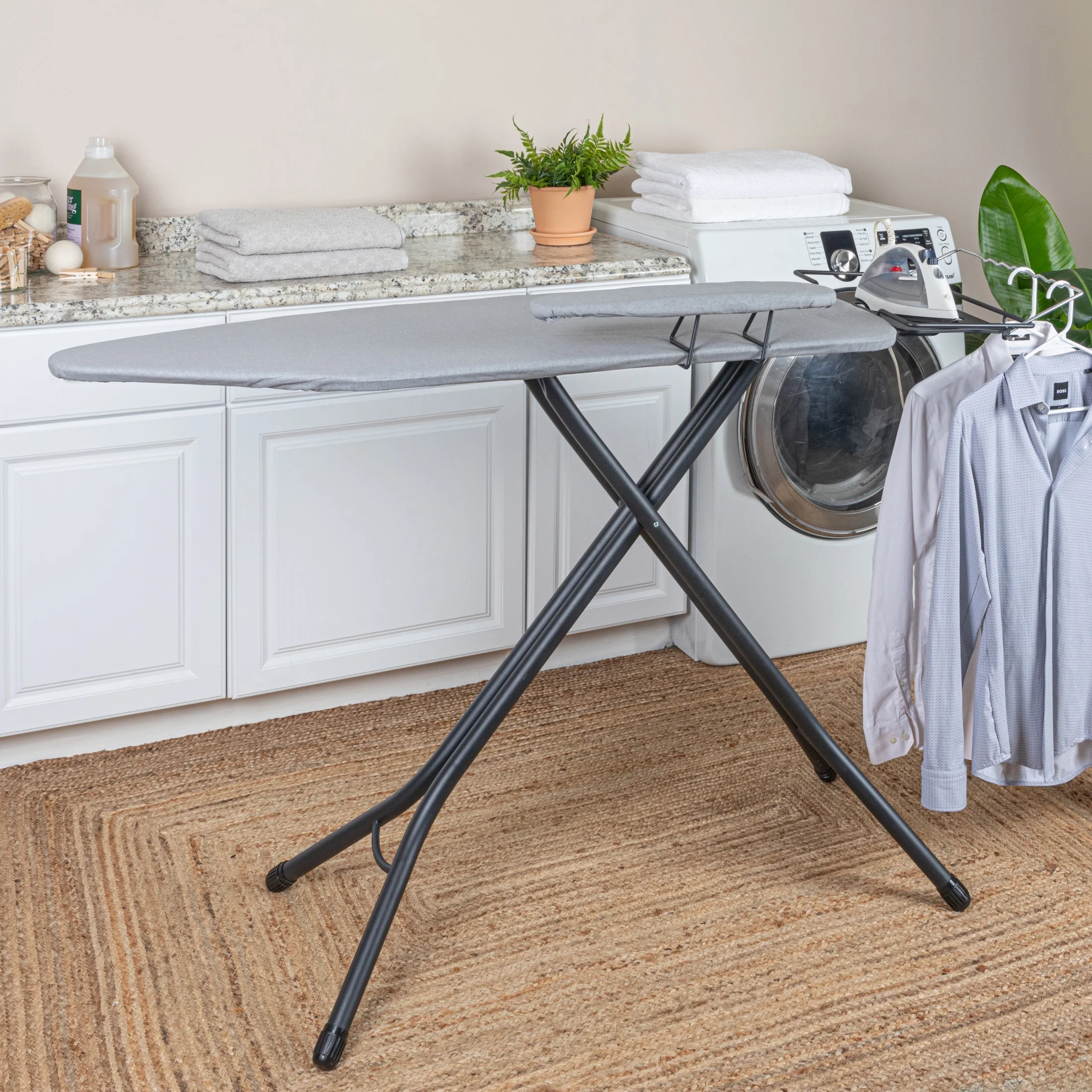 Household Essentials Wide Mega Ironing Board 4-Leg, Steel Top Pressing Station, Heat-Resistant Fiber Pad and Cotton Cover, Includes Sleeve Board and Iron Rest with Hanger Bar, Silver Frame - Image 15