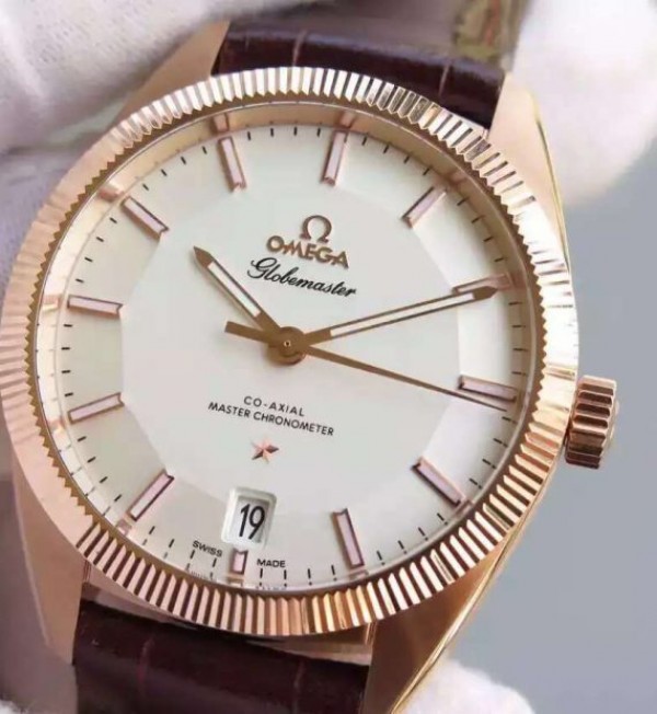 Replica Omega Globemaster Master RG Case White Dial Brown Leather Strap A8901 - Elite Watch Atelier