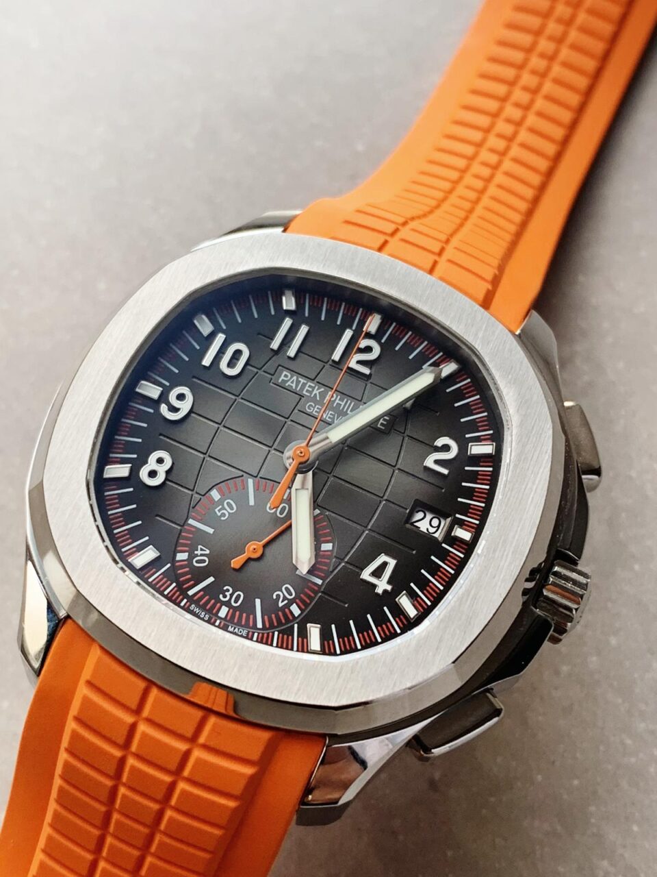 Replica PATEK PHILIPPE Aquanaut 5168G 42mm SS ZF 1:1 Best Edition Black Dial on Orange Rubber Strap - Top club