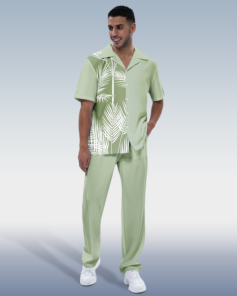 Suitmens Men's Green Leaf Print Short Sleeve Hiking Suit