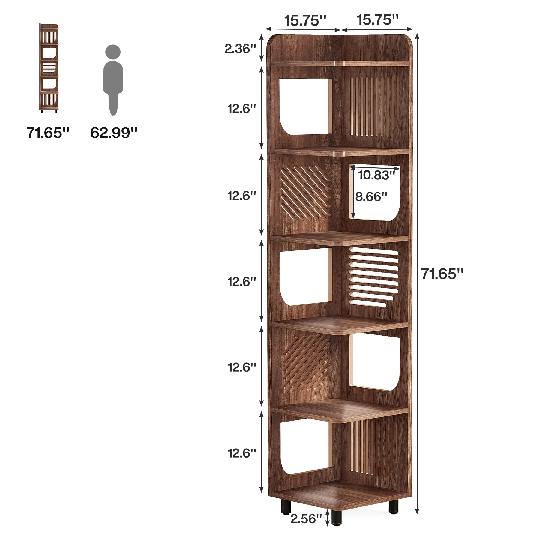 Fnova 71" 6-Tier Tall Corner Bookshelf, Rustic Wooden Narrow Corner Bookcase with Artistic Square Rack, Freestanding Display Storage Shelf for Space-Saving Home Organizing - Image 9
