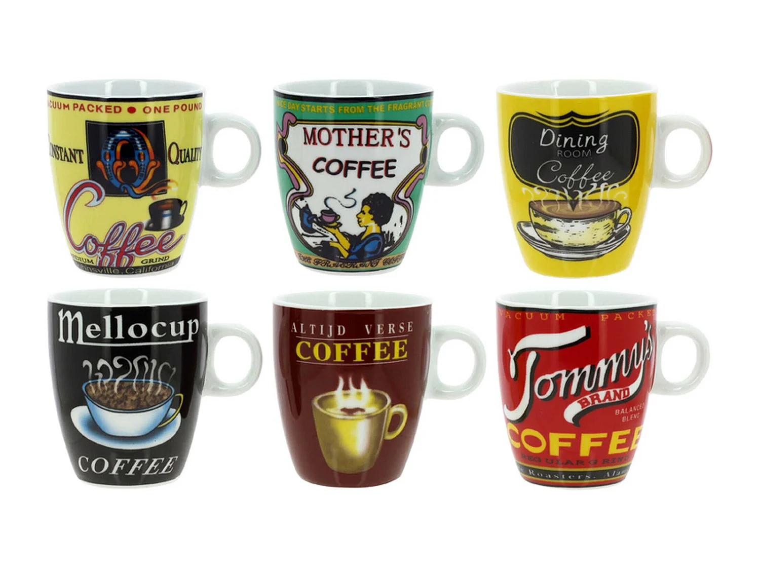 Novastyl - Lot 6 Tasses à Café Old School 20cl Porcelaine Decors Assortis