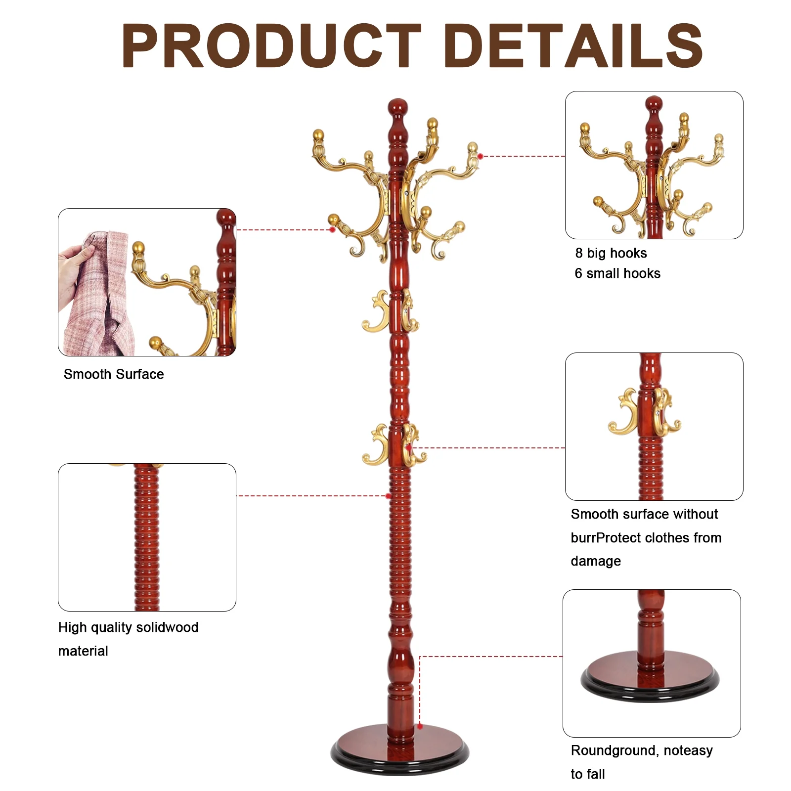 Coat Rack Freestanding, Hall Tree with 11 Hooks, Heavy Duty Wooden Coat Tree Stand, Adjustable Height, Sturdy Base for Bedroom Hallway Office - Load 270lbs - Image 25