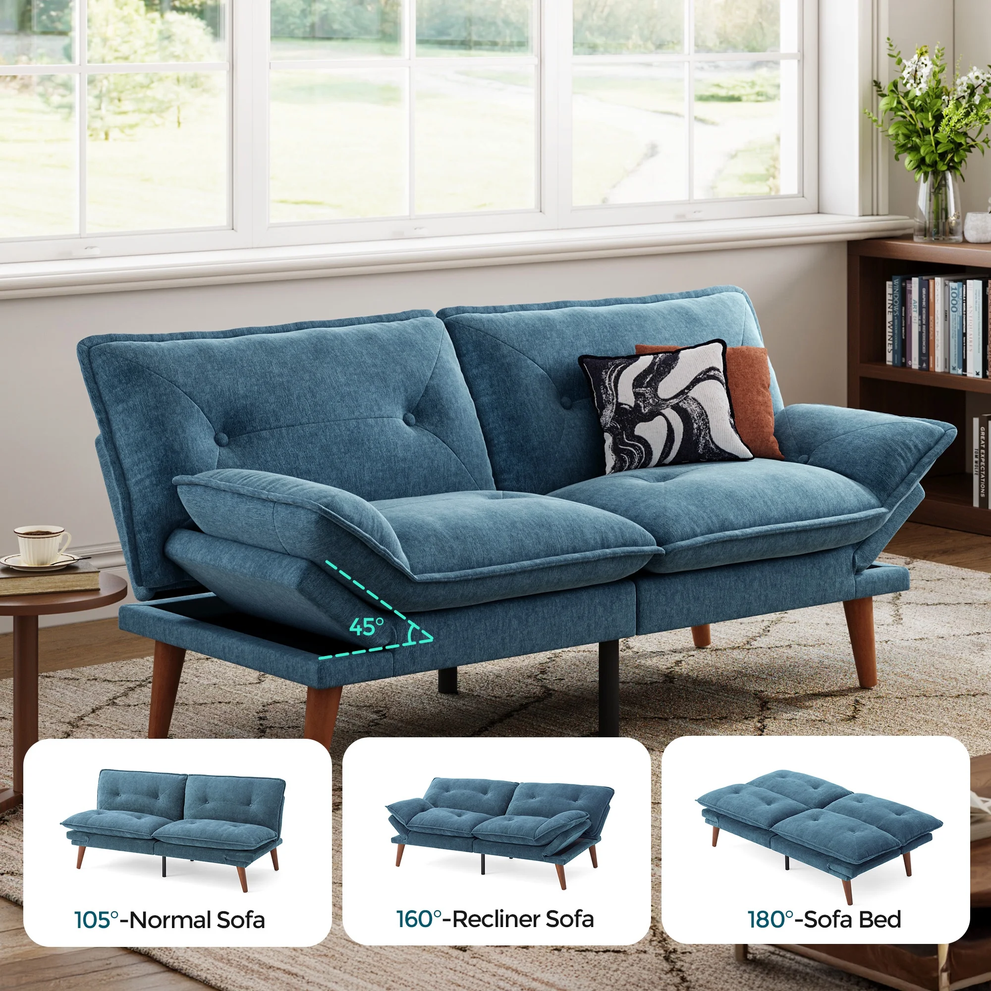 Linsy Home 70" W Chenille Convertible Futon Sofa Bed with Adjustable Armrests, Green - Image 28