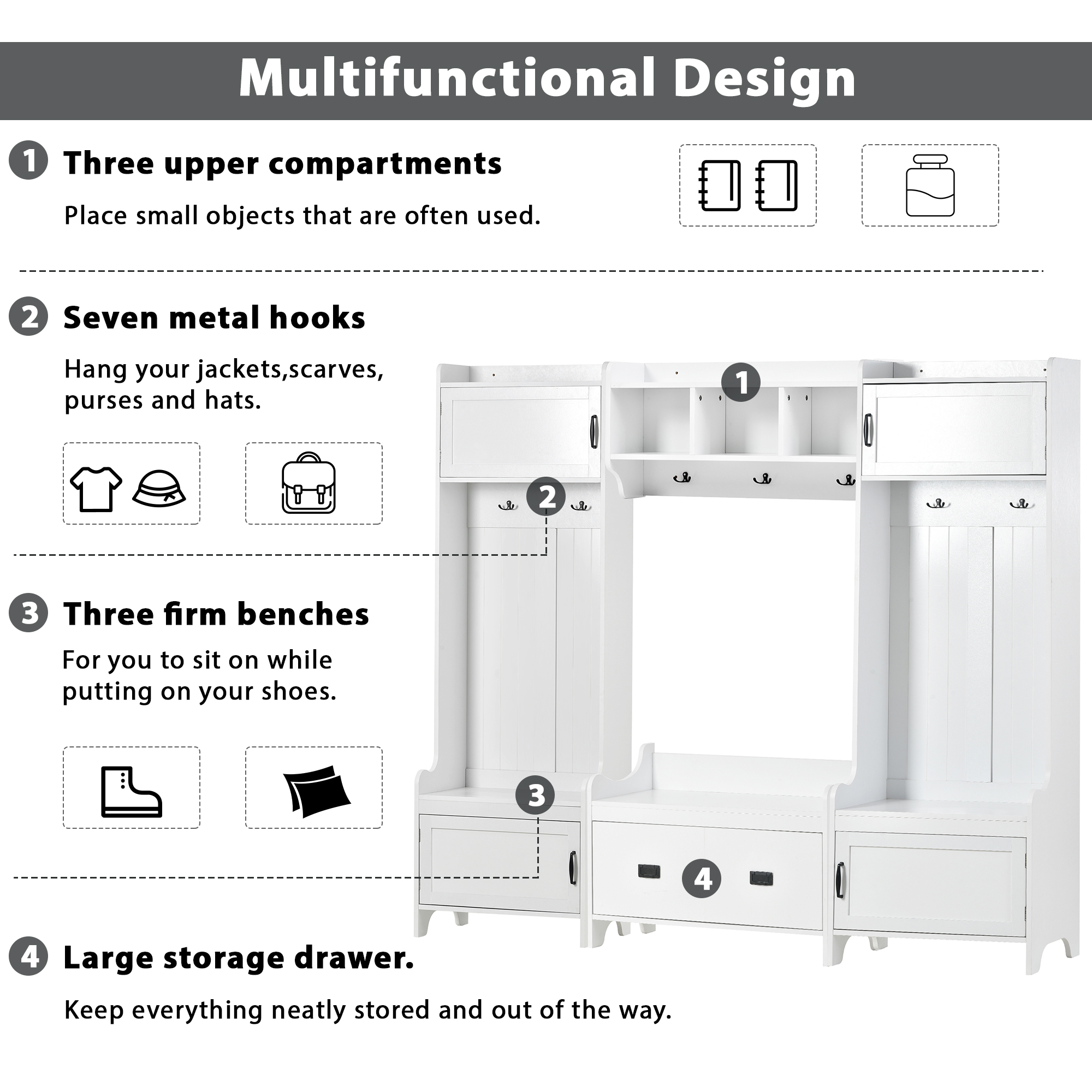 Royard Oaktree Hall Tree w/ Cabinets and Hooks 4-in-1 Hallway Coat Rack w/ Shelves and Drawer, White
