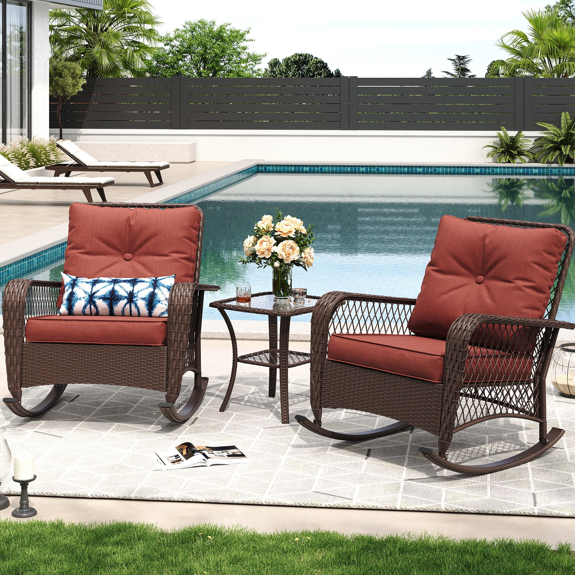ELPOSUN 3-Piece Outdoor Rocking Chairs, Wicker Patio Furniture with Thickened Cushions and Table for Porch - Image 25