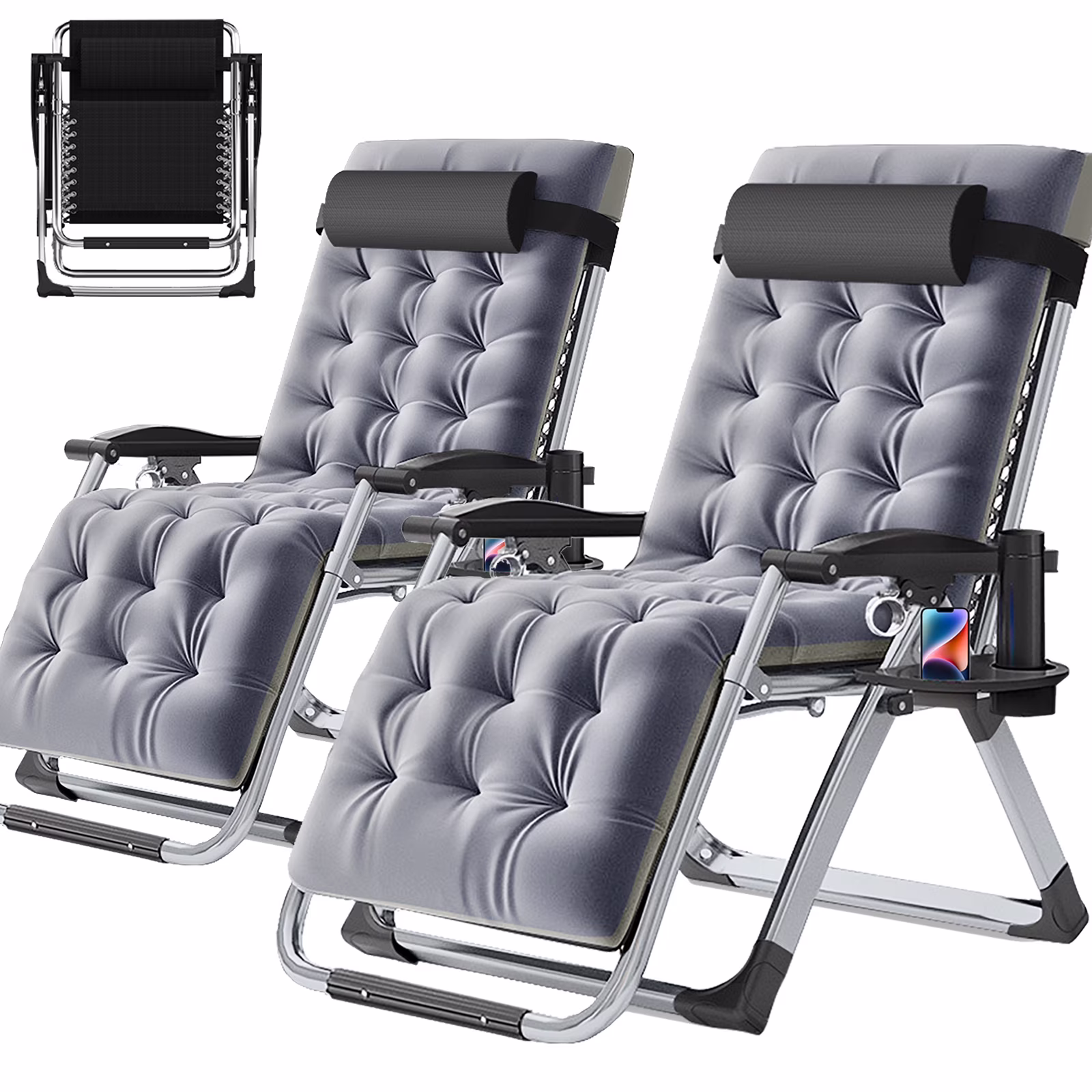 NAIZEA 2 Pack Zero Gravity Chair, Foldable Portable Lawn Recliner with Cushion, Headrest, Cup Holder, Black - Image 15