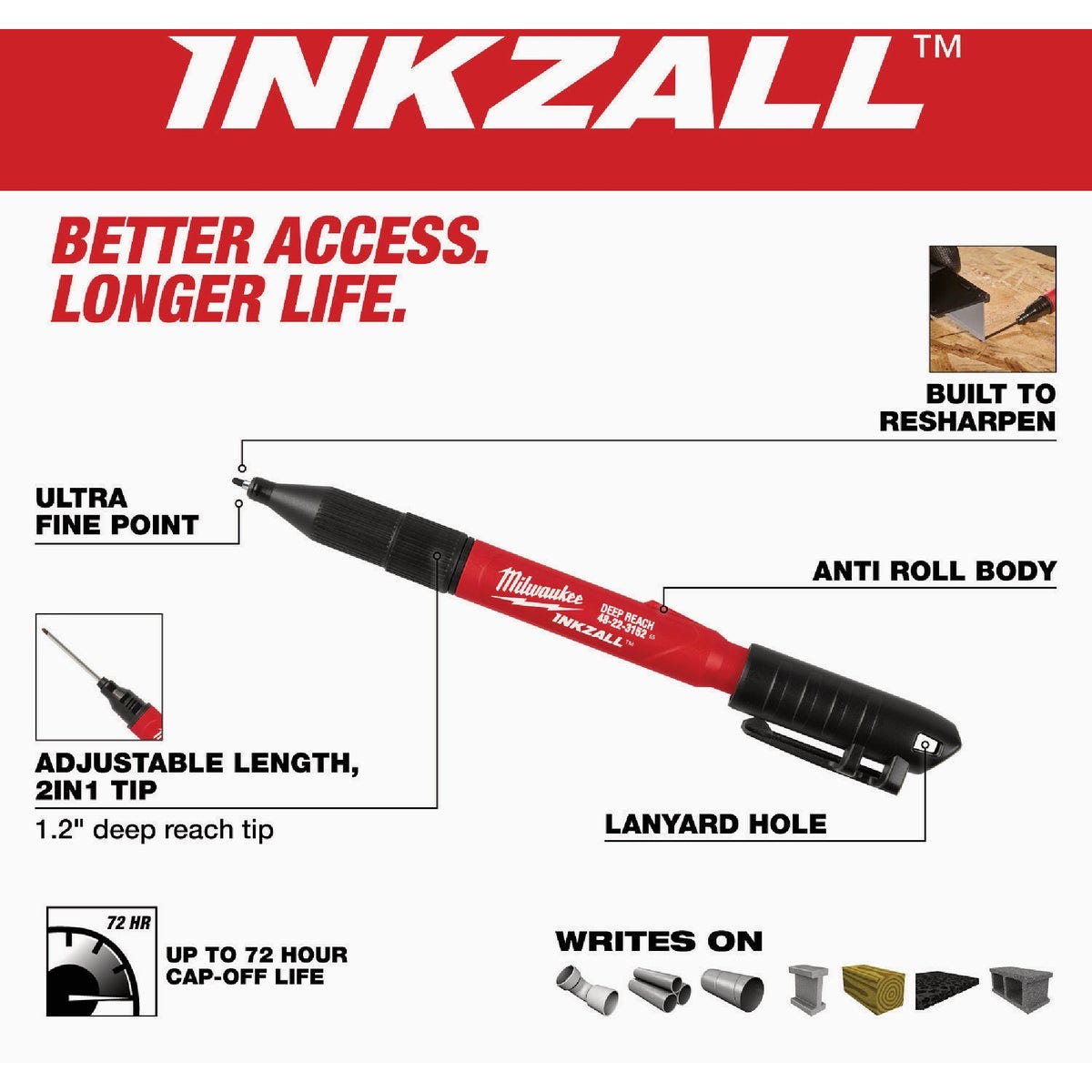 Milwaukee INKZALL 2-in-1 Deep Reach Ultra Fine Point Black Jobsite Marker