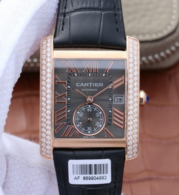 Replica Cartier Tank MC RG Gray Textured Dial Diamonds Bezel Leather Strap - Top club