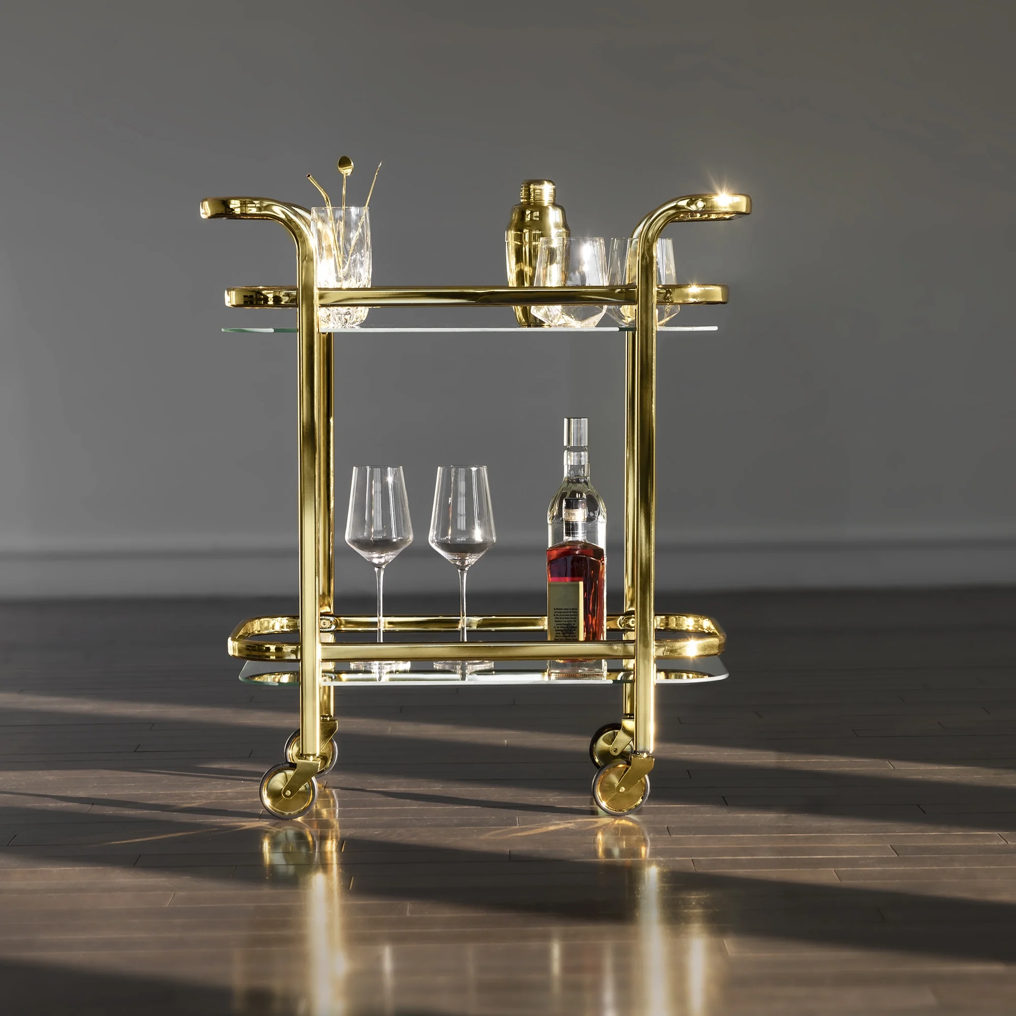 Viski Stainless Steel Bar Cart with Wheels, Mirror Shelves, Home Bar, Gold - Image 6