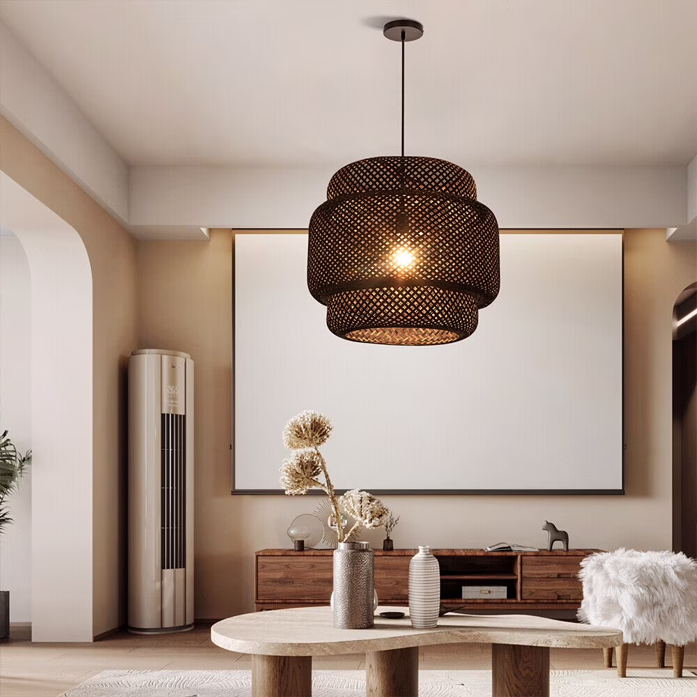 Arturesthome Vintage Chandelie Bamboo Woven Pendant Light Hanging Ceiling Lamp Decor Black