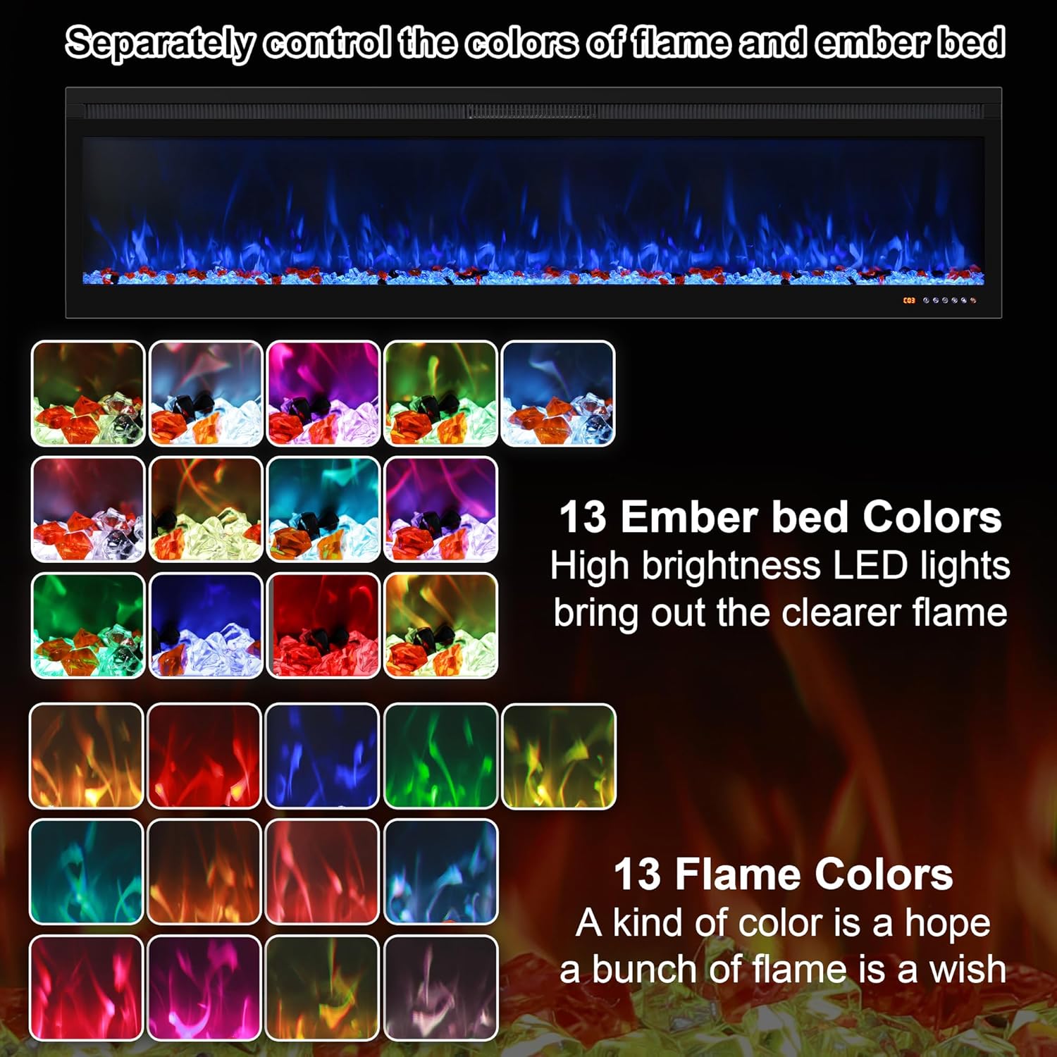 60 Inch Smart WiFi Infrared Electric Fireplace Realistic Flame, 169 Flame Color Combinations,App/Remote Control, Logs & Crystals,750W/1500W Heater, Black