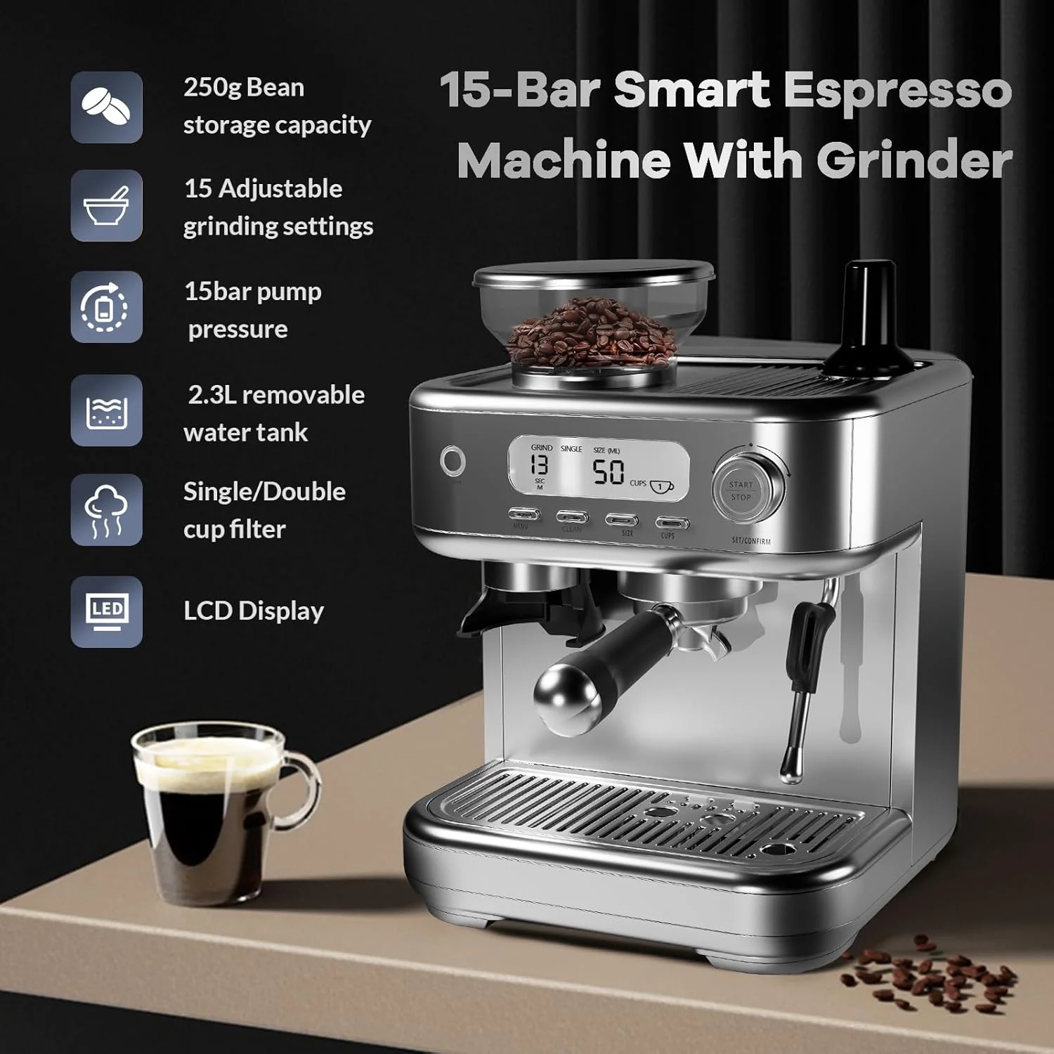 Espresso Machine with Grinder, Professional Coffee and Espresso Maker Combo, Stainless Steel Cafe Espresso Machine with Steam Wand Barista Kit for Cappuccino Latte