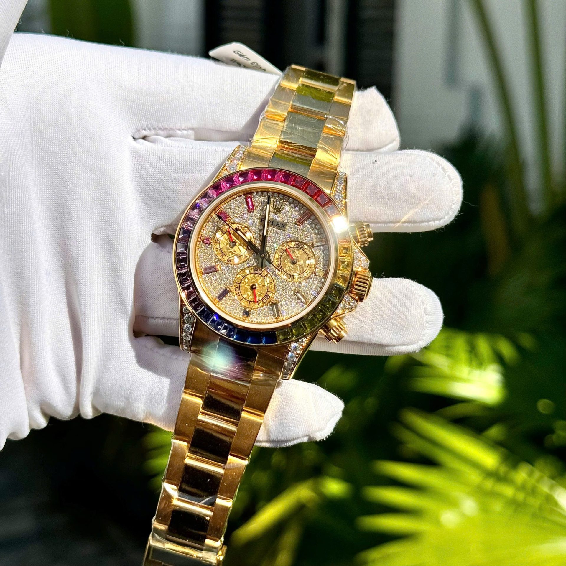 Rolex Daytona Rainbow Replica Watch 18K Gold Wrapped Customs Moissanite   Gemstones 40mm - Elite Watch Atelier