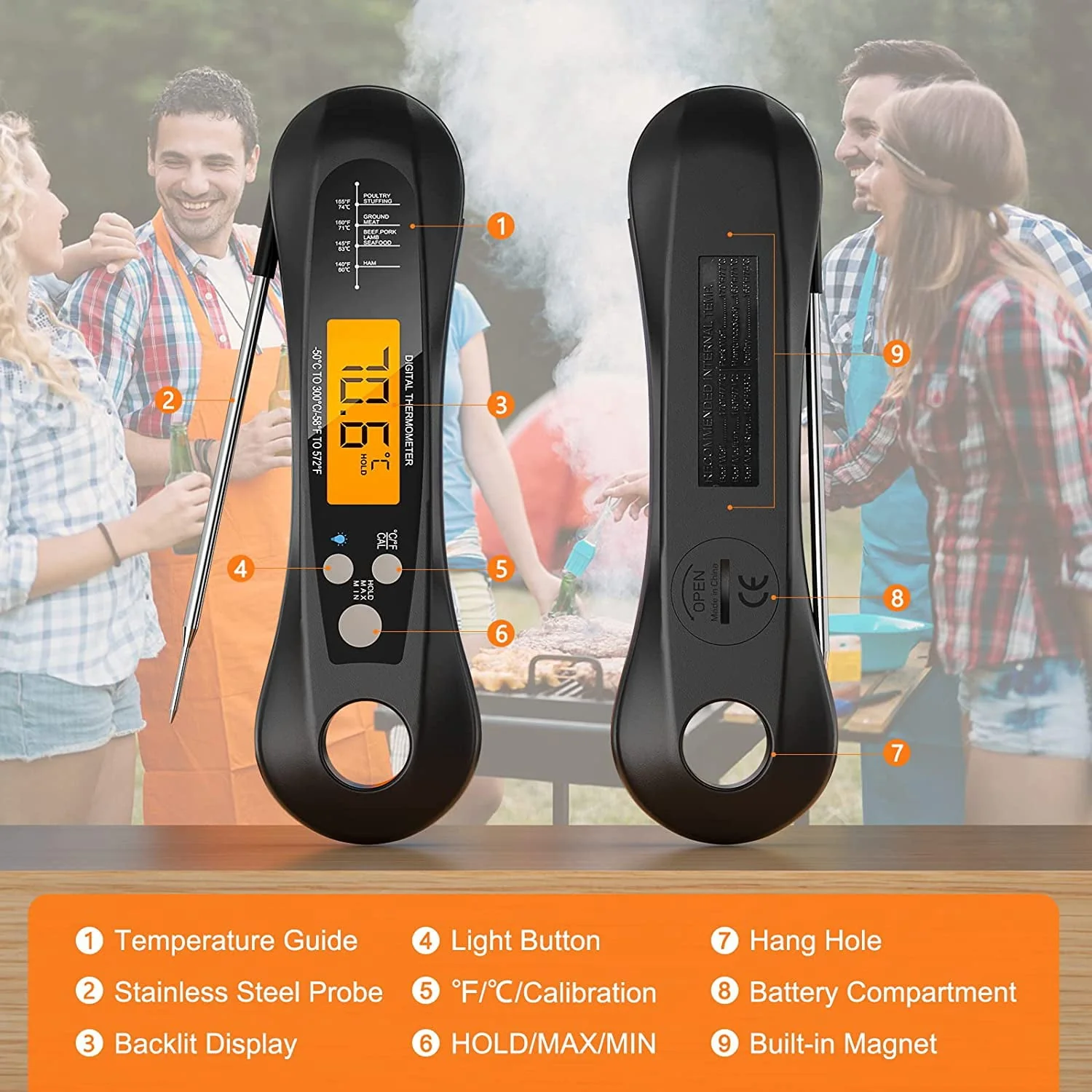 BEYCED Instant Read Digital Meat Thermometer,IP67 Waterproof Grill Thermometer with Magnet,Foldable Probe,Acklight,Calibration,Fast & Precise Reading for Kitchen,Cooking,BBQ,Candy,Beef,Turkey