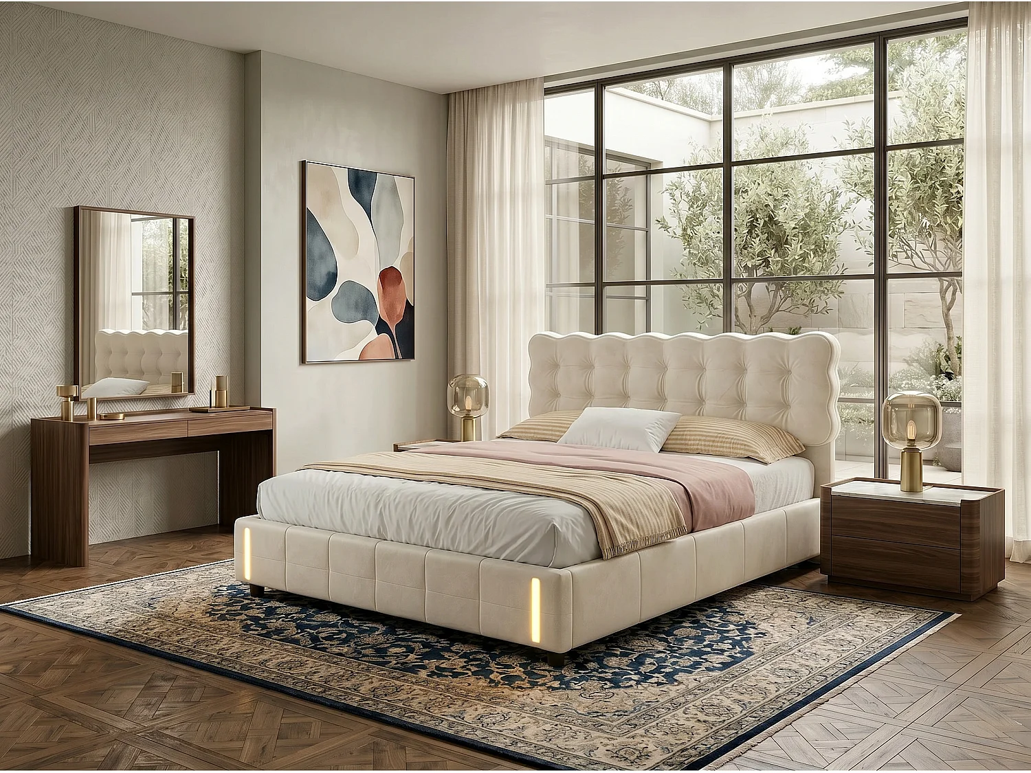 Lit coffre capitonné 140x190cm - Lit double - avec éclairage LED - Velours - Beige (matelas non inclus)