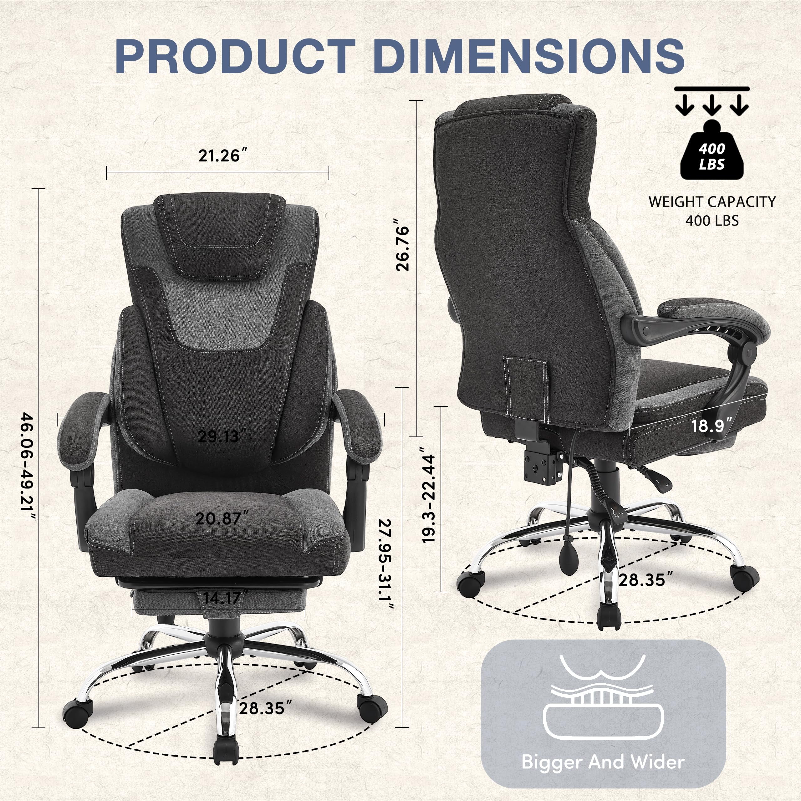 JONPONY Big and Tall Office Chair 400lbs, Executive Reclining Office Chairs with Footrest, High Back Home Office Chair Thick Padded Armrests, Ergonomic Adjustable Lumbar Support, PinkWhite - Image 28