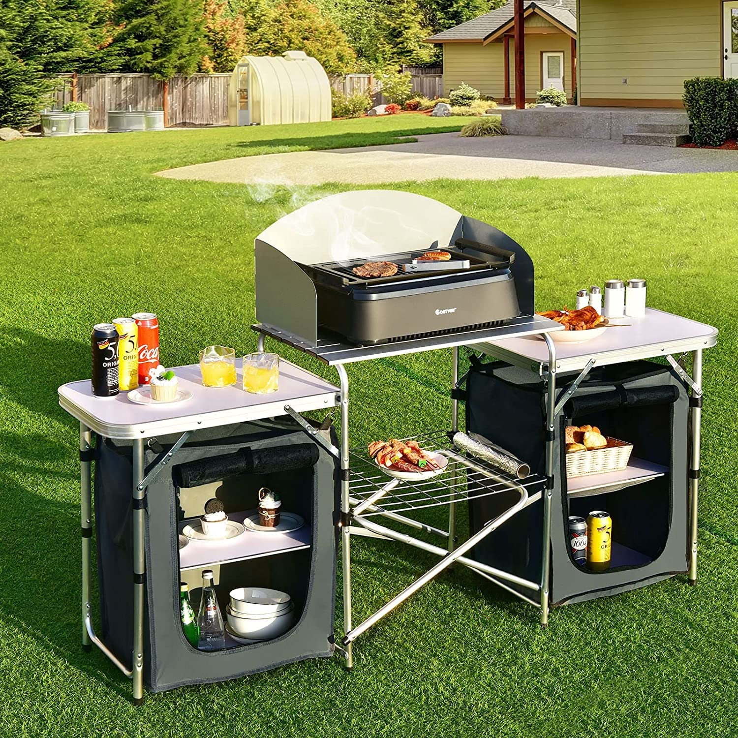 Camping Kitchen Table with Storage, Aluminum Portable Outdoor Cooking Table with Windscreen, Foldable Camp Table Cook Station for BBQ, Grill, Party, Picnics - Image 8