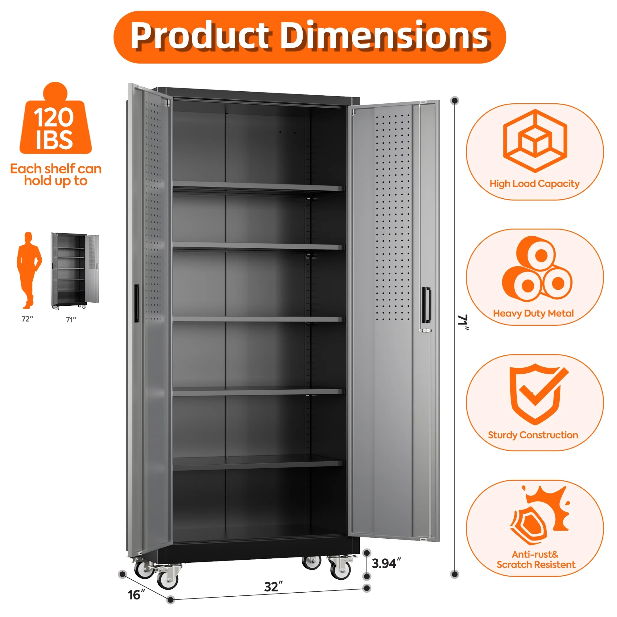 GangMei 71 inches Tall Metal Rolling Garage Storage Cabinets with Locking Doors and 5 Adjustable Shelves, Metal Storage Cabinet for Garage, Office, Home, Classroom, Assemble Required(Black) - Image 32