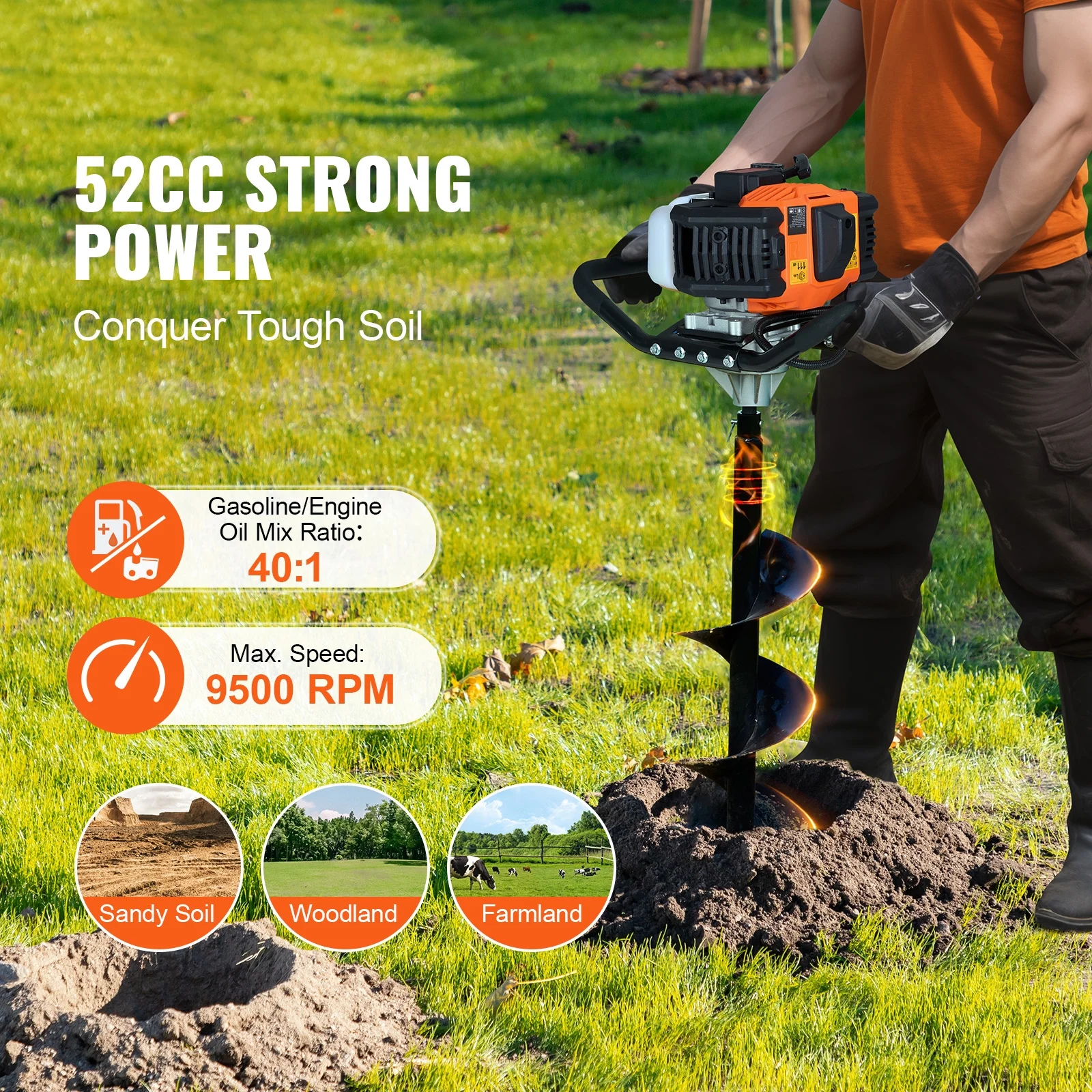KFFKFF Gas Earth Auger, 52CC 1450W, includes 8�� Drill Bit & Extension Rod, Ideal for Garden, Farmland Fence Installation, Orange & Black - Image 3