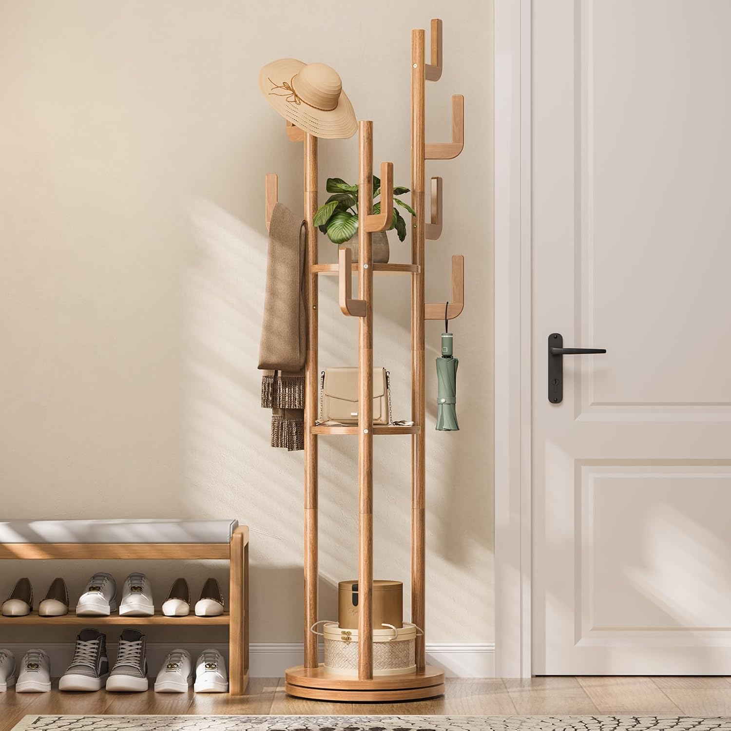Yoobure Rotary Coat Rack Freestanding - Solid Wood Coat Tree with 9 hooks & 3 Storage Shelves for Purse, Bag, Jacket, Hat, Corner Hanger Stand Racks for Hall, Entryway, Office, Modern Clothes Holder