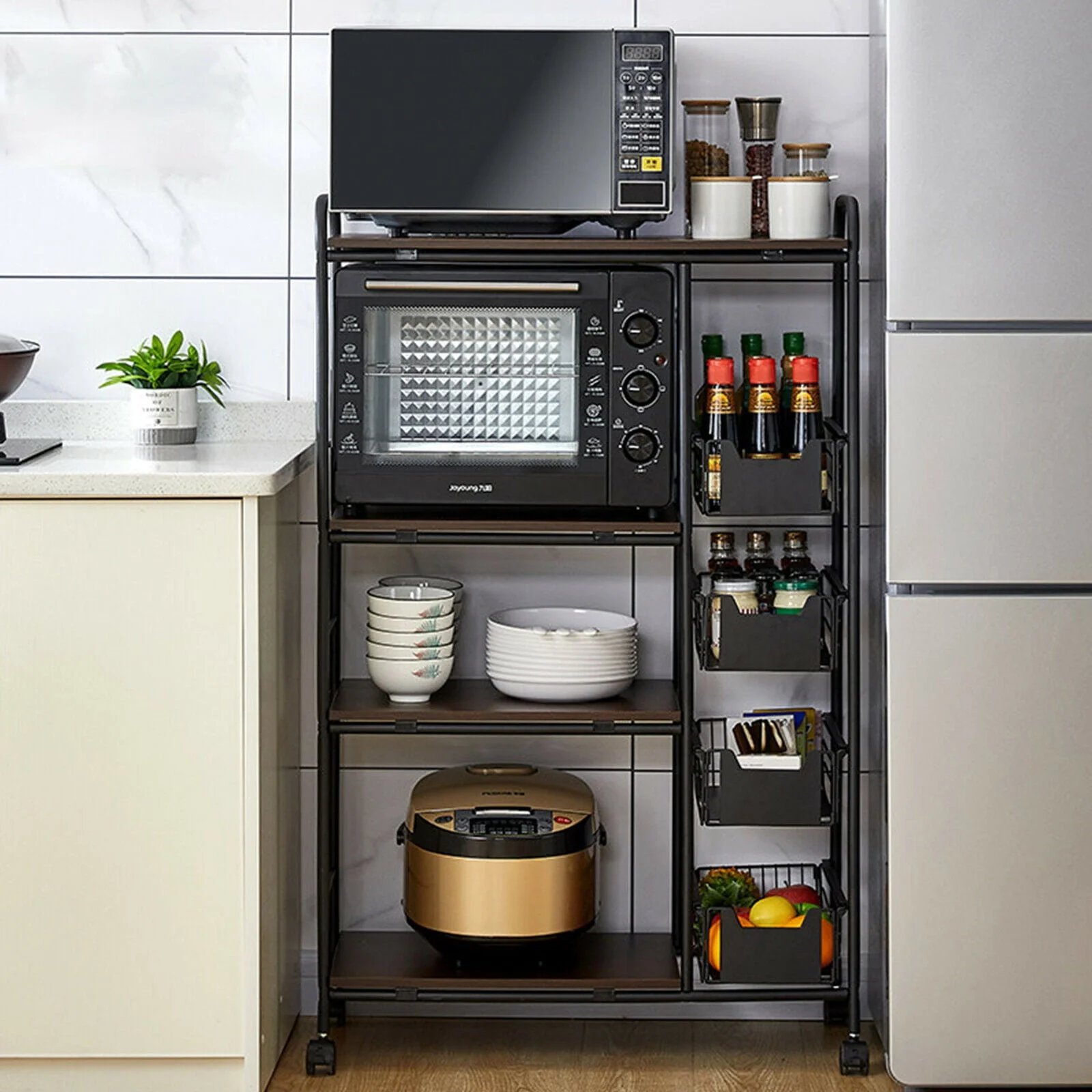 Aiqidi Kitchen Storage Shelf Microwave Metal Display Rack with Push-Pull Drawer Black 100 Pounds Load Capacity