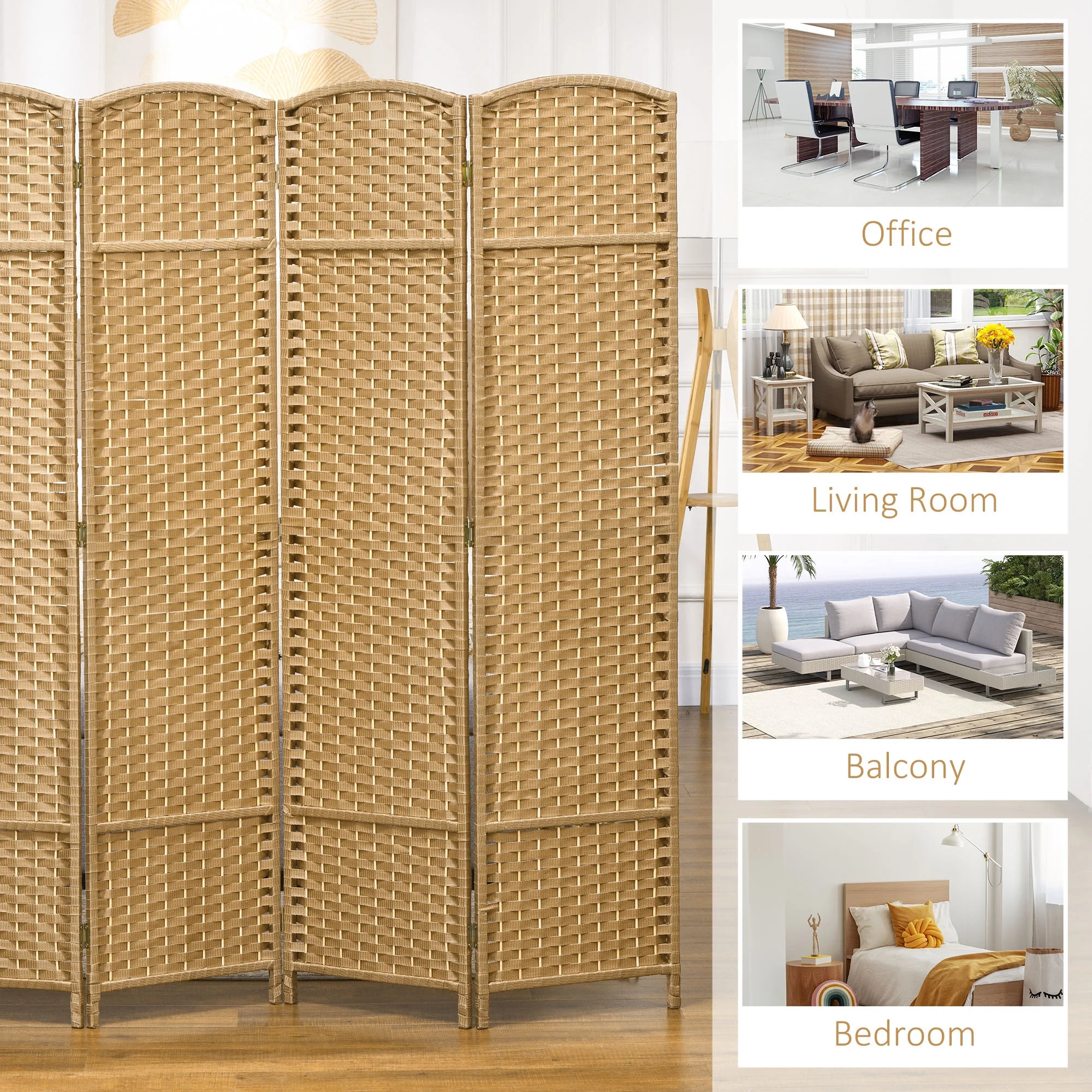 HOMCOM 4 Panel Room Divider Freestanding Folding Privacy Screen Nature Wood - Image 9