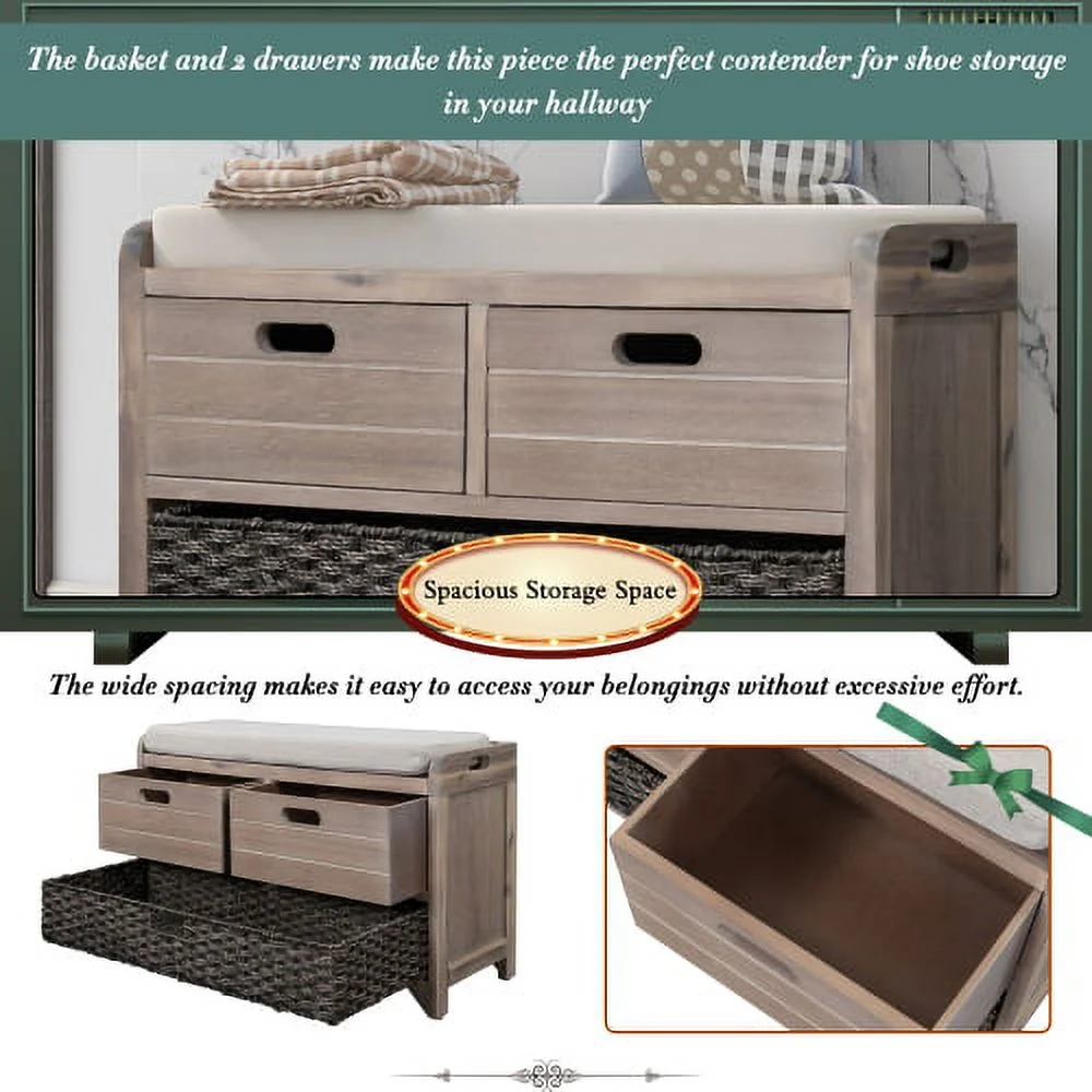 Solid Wood Storage Bench, Narrow Entryway Bench with 2 Drawers and Removable Basket, Classic Accent Shoe Bench with Storage and Removable Cushion for Hallway Living Room, Fully Assembled, Navy - Image 17
